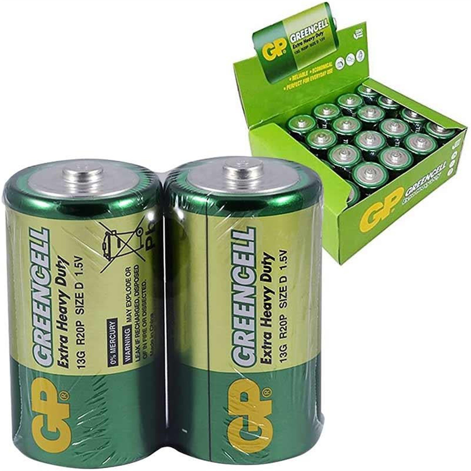 GP GP Greencell R20 1.5V Büyük D Boy Çinko-Karbon Pil 20'li Paket (13G) - Piller
