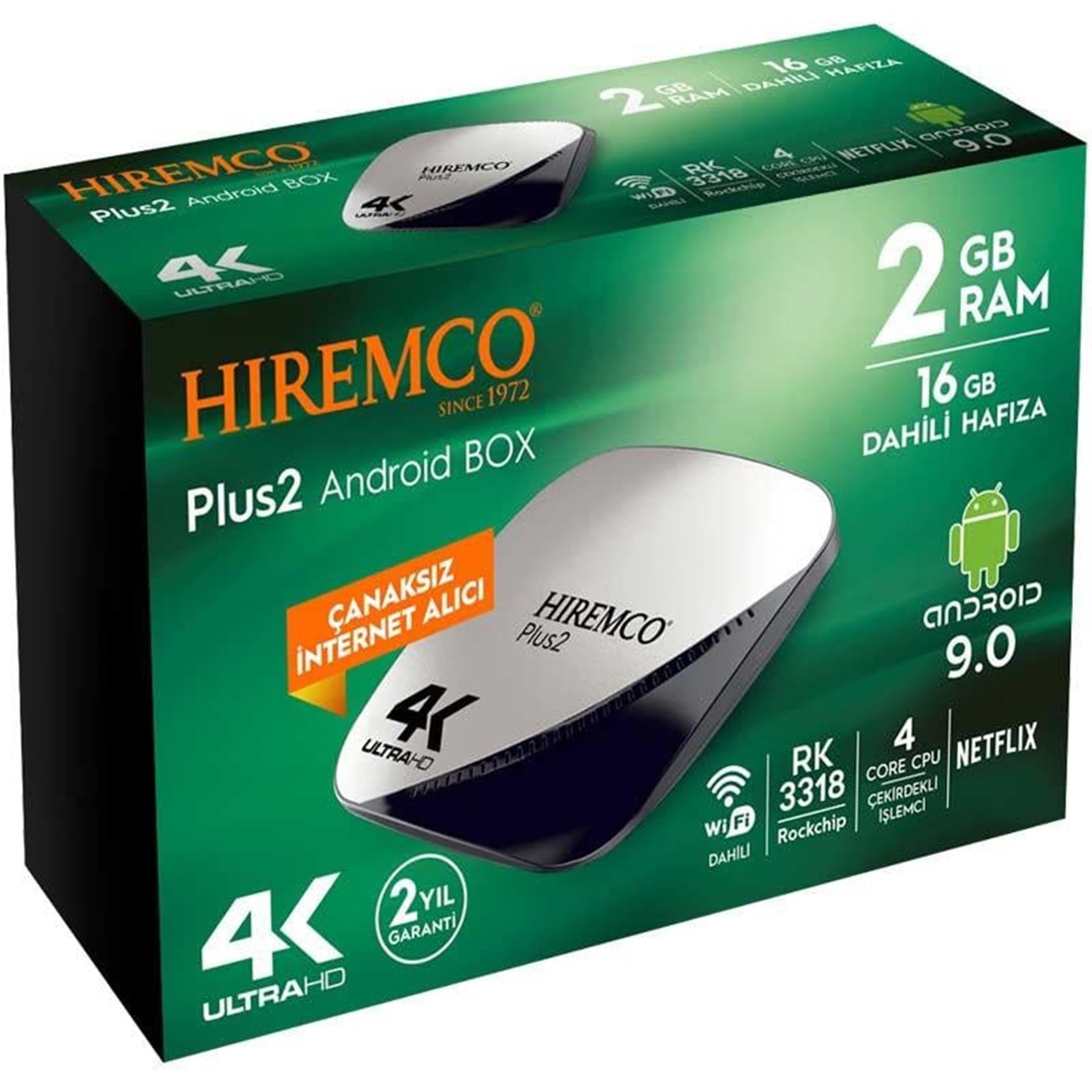 Hiremco Hiremco Plus 2 Dahili Wifi-Netflix 16GB Hafıza 4K 9.0 Android Box - Hiremco Uydu Alıcısı