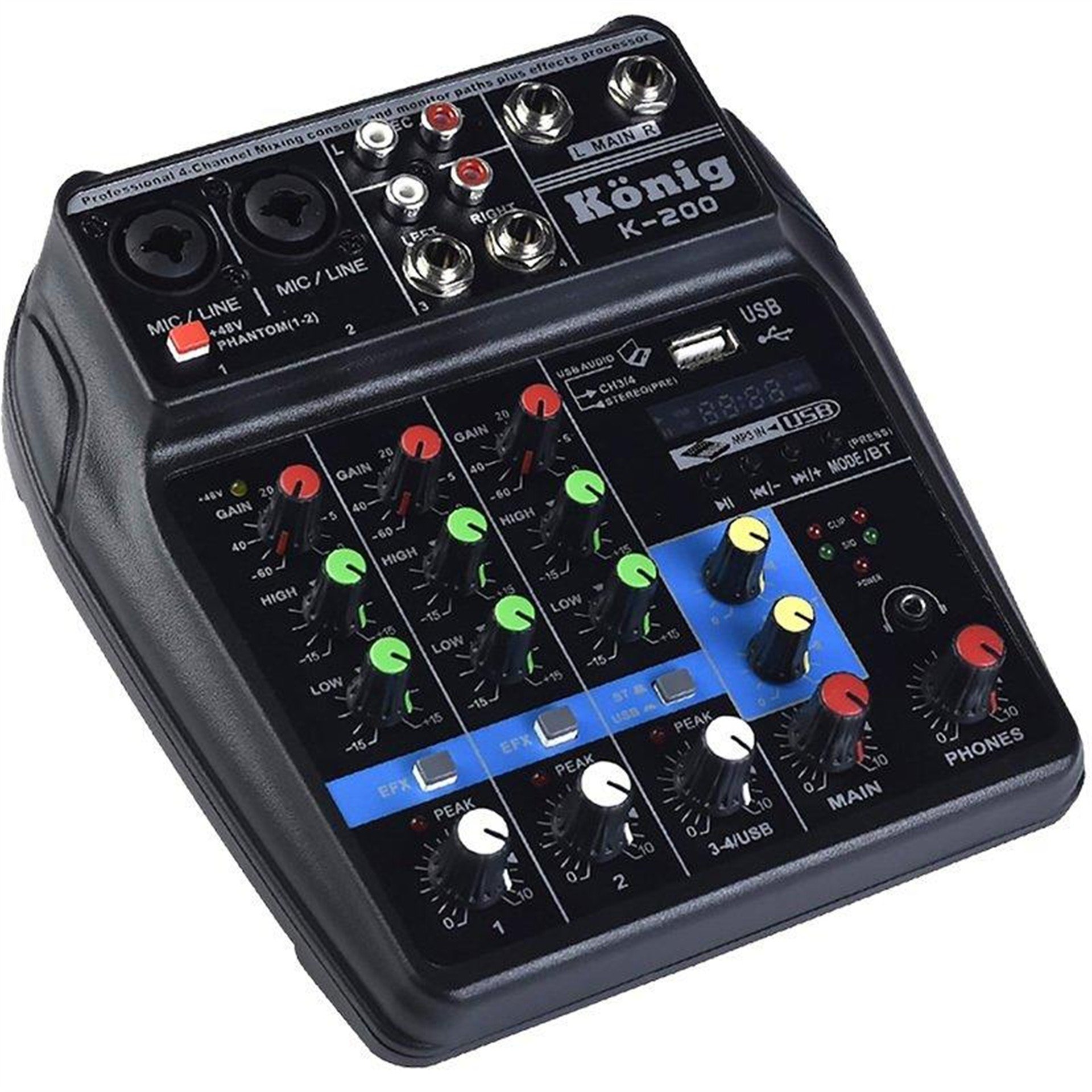 König König K-200 USB Bluetooth Delay Repeat 4 Kanal 48V Phantom Mixer-Konsol - Seslendirme Amfileri