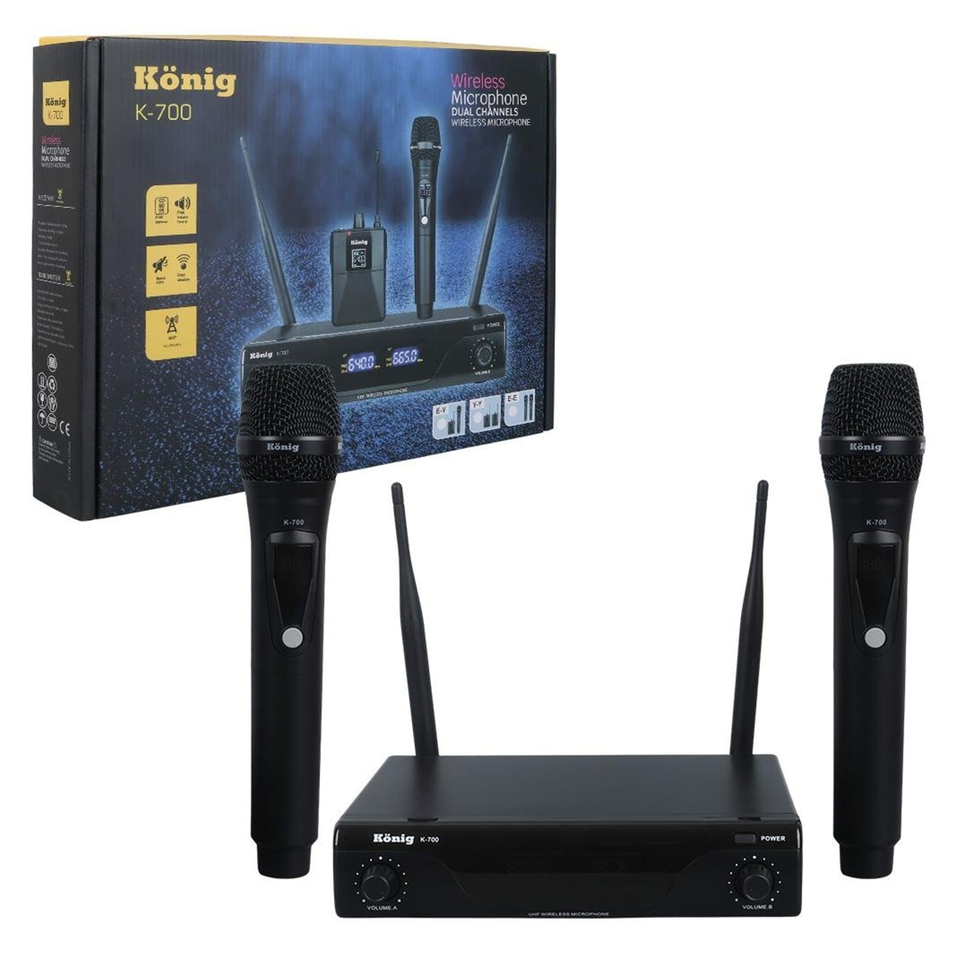 König König K-700 E-E Profesyonel 663-694Mhz 2 El 2 Kanal Uhf 2X50 Kablosuz Telsiz Mikrofon - Kablosuz Mikrofonlar