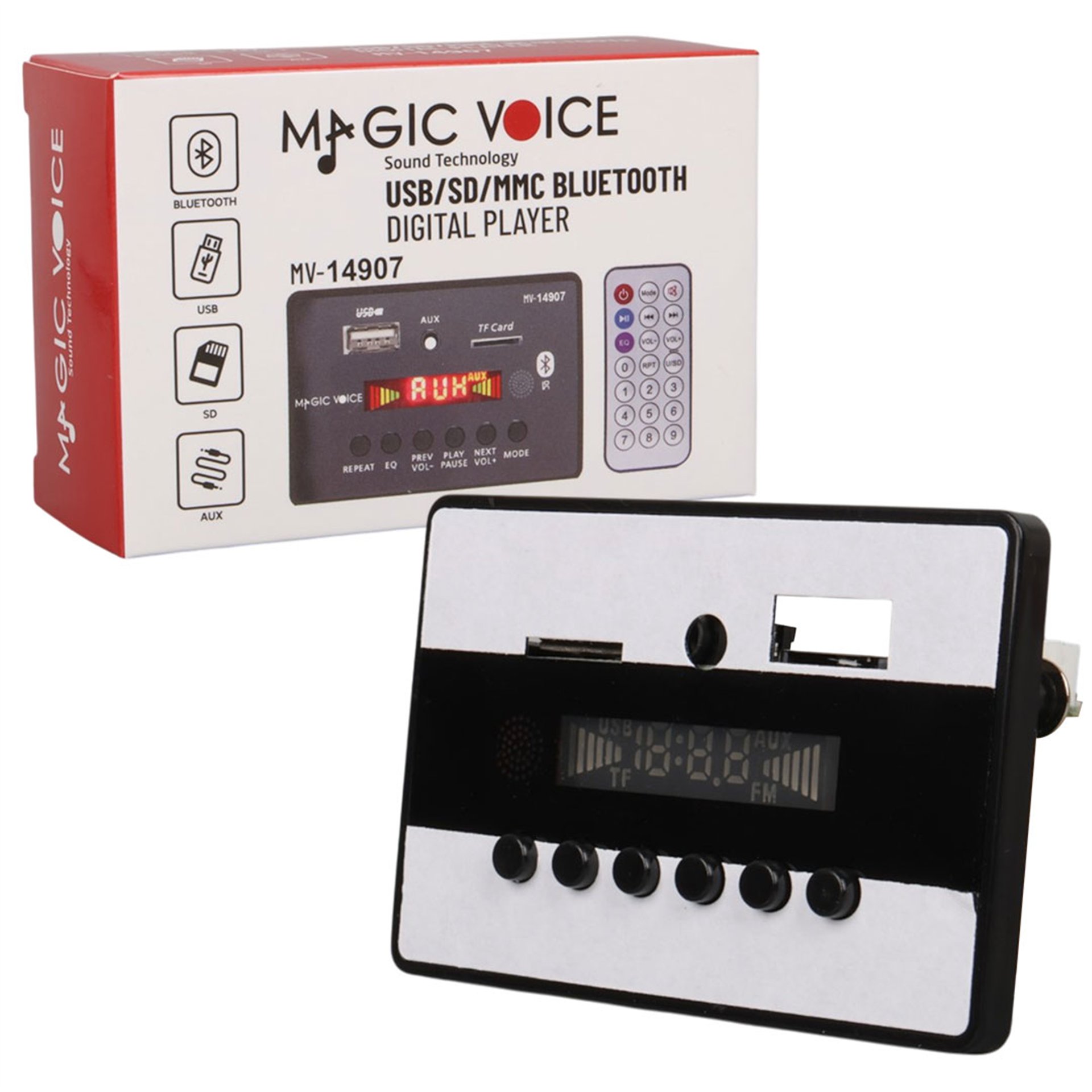 MagicVoice Magicvoice MV-14907 USB-SD-AUX-Bluetooth Kumandalı Ekranlı Oto Teyp Çevirici Dijital Player Board - Oto Aksesuarları