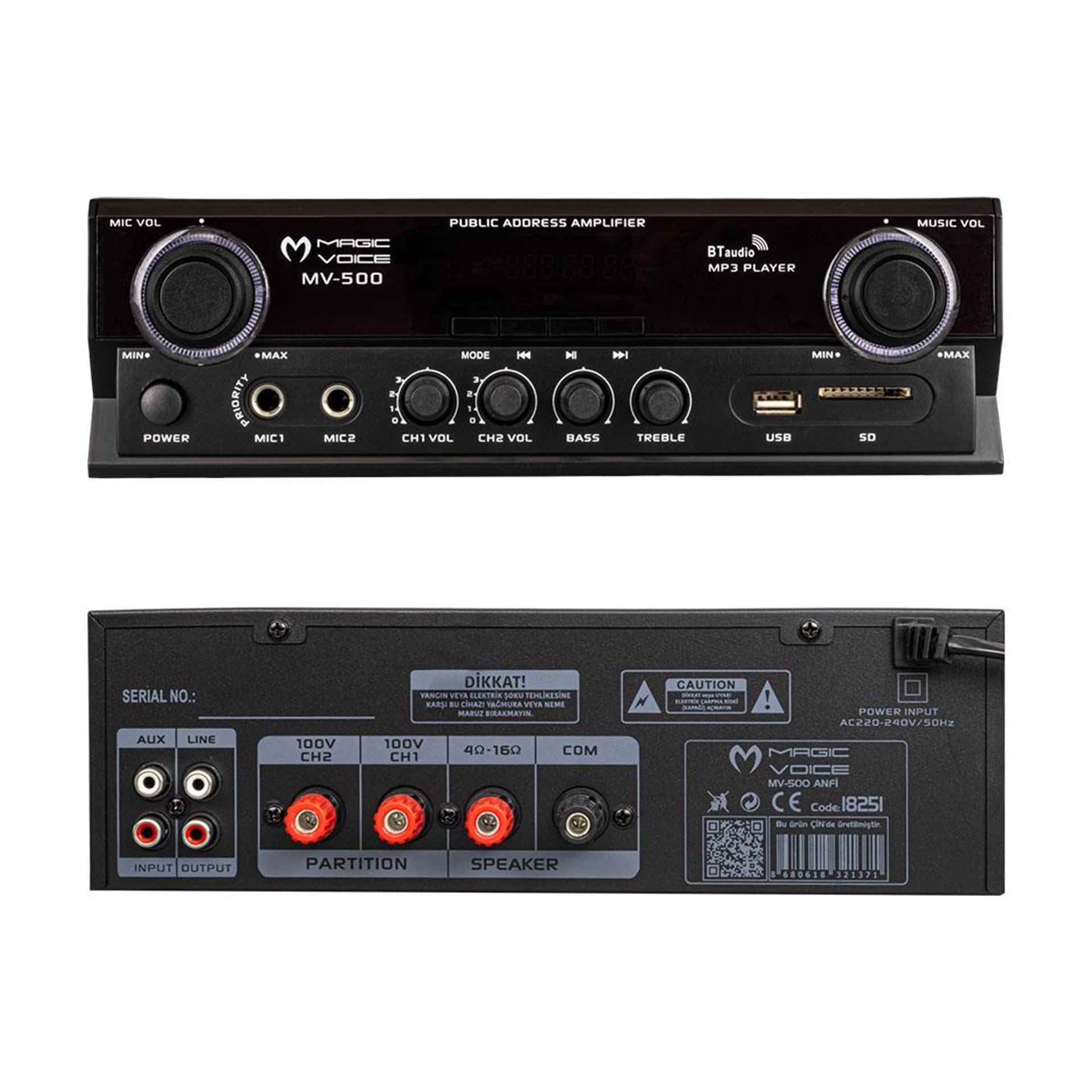 MagicVoice Magicvoice MV-500 100W USB/SD/Bluetooth 2 Bölgeli Hat Trafolu Amfi - Seslendirme Amfileri