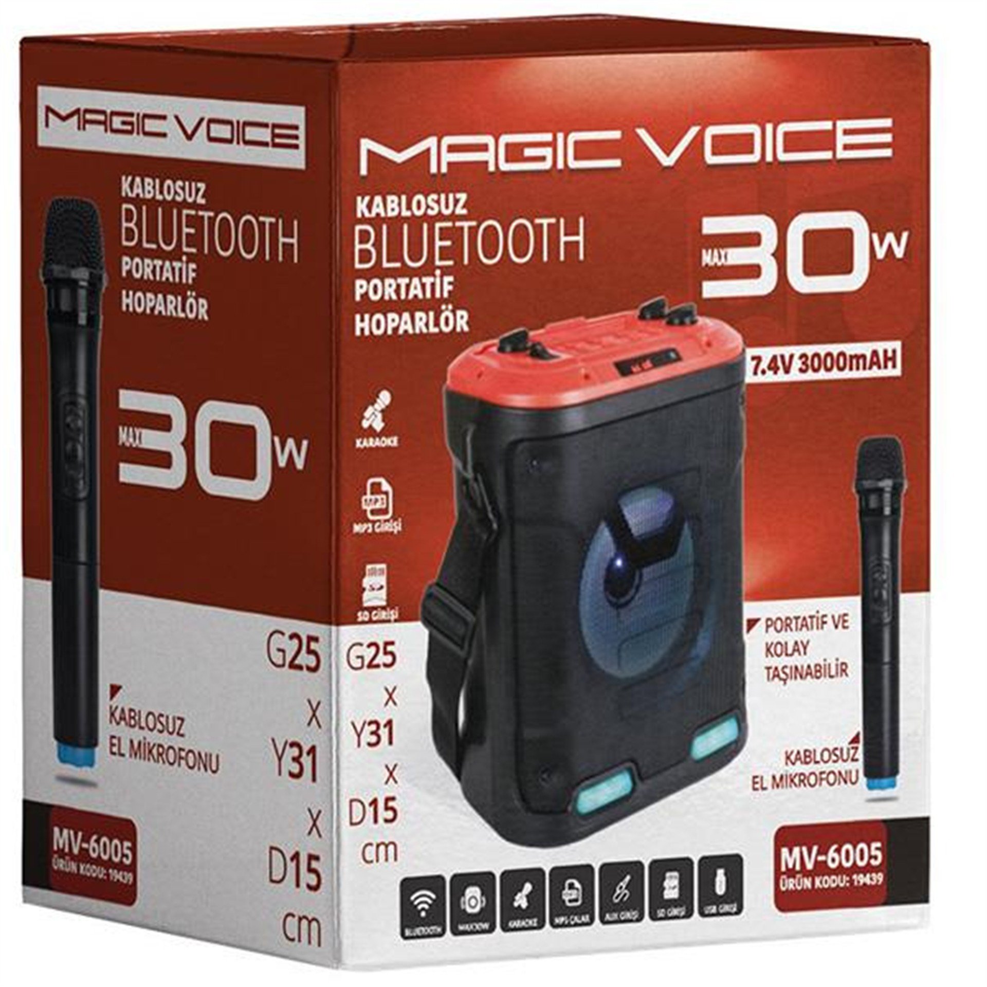 MagicVoice Magicvoice MV-6005 VHF El Mikrofonlu USB-SD-Bluetooth Işıklı 30 W Taşınabilir Şarjlı  Seyyar Anfi - Taşınabilir Amfi