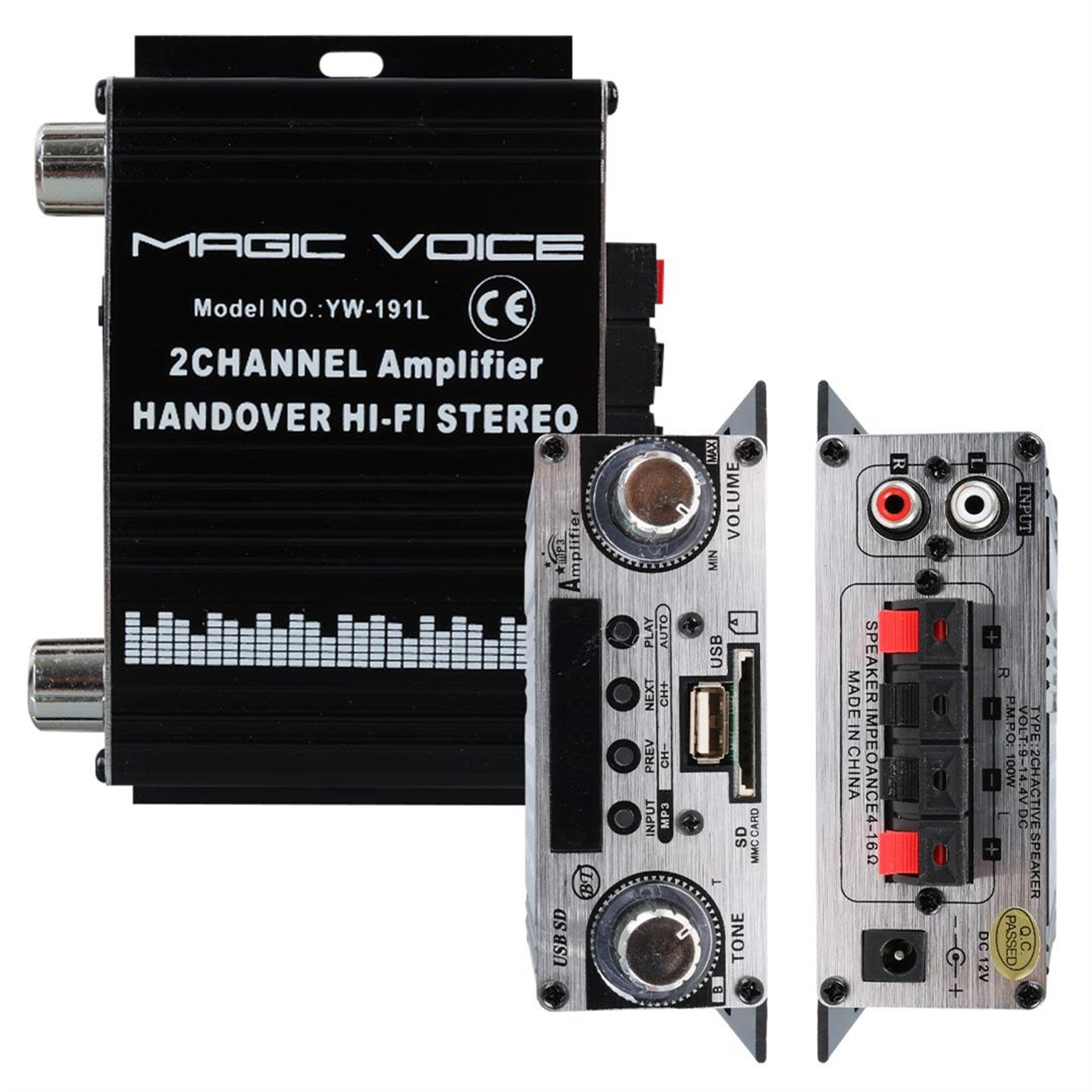 MagicVoice Magicvoice YW-191L 12 Volt 100 Watt Motosiklet Bluetooth Amfi USB/SD 2 Kanal Pazarcı - Anfi (125X95x40mm) - Pazarcı Anfisi