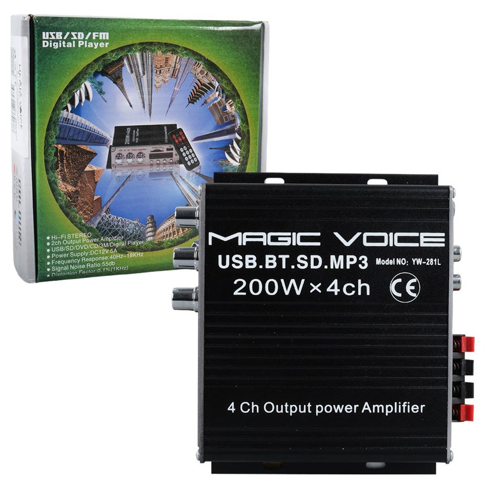 MagicVoice Magicvoice YW-281L 12 Volt 200 Watt Motosiklet Bluetooth Amfi USB/SD 4 Kanal Pazarcı - Anfi (154X140x42mm) - Pazarcı Anfisi