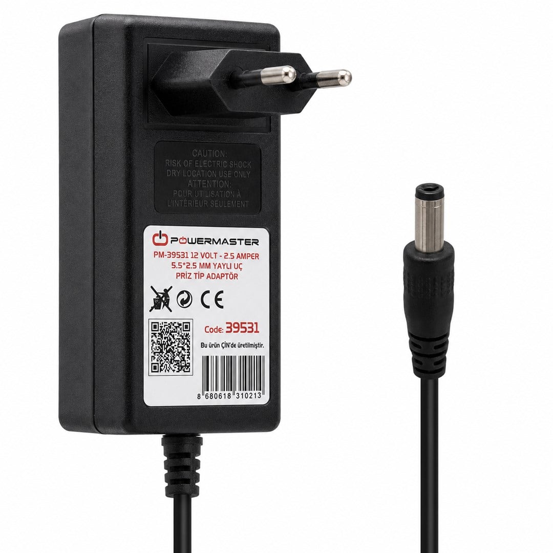 POWERMASTER 12 VOLT - 2.5 AMPER 5.5*2.5 MM YAYLI UÇ PLASTİK KASA PRİZ TİPİ ADAPTÖR