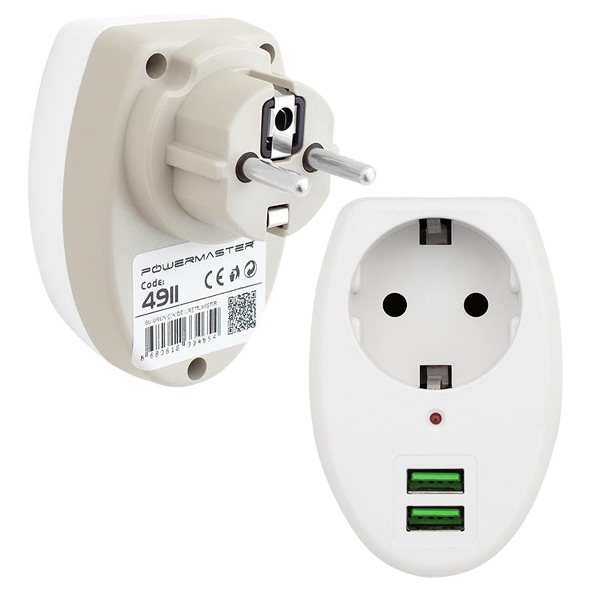 Powermaster Powermaster 2 Usb Girişli Tekli Termal Priz (10A-2500W) PM-4911 - Grup Prizler