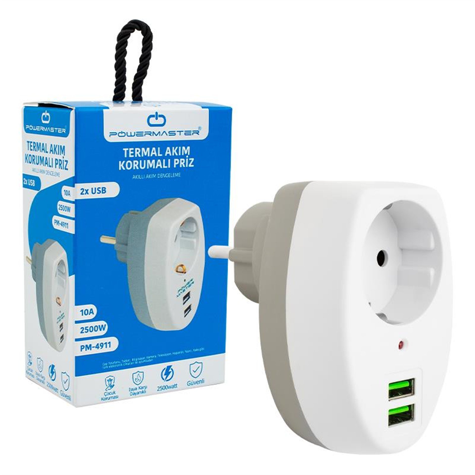 Powermaster Powermaster 2 Usb Girişli Tekli Termal Priz (10A-2500W) PM-4911 - Grup Prizler