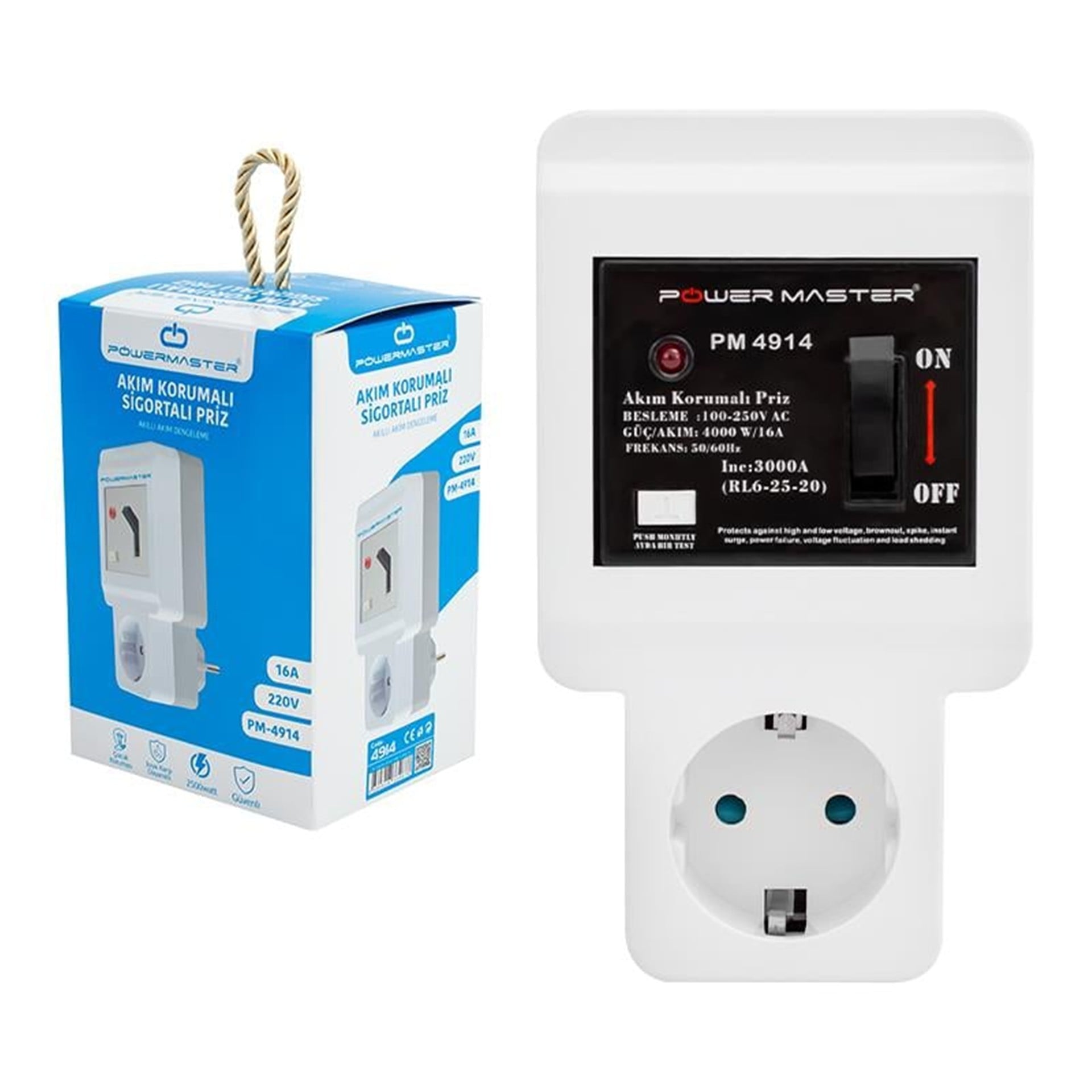 Powermaster Powermaster 220 Volt 16 Amper Tekli Akım Korumalı Sigortalı Priz PM-4914 - Akım Korumalı Prizler