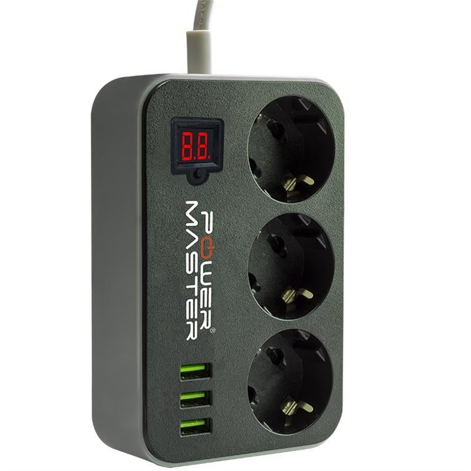 Powermaster Powermaster 3 Usb Çıkışlı Dijital Ekranlı 10A-2500 W Siyah 1.8 Metre Kablolu 3'lü Akım Korumalı Priz PM-18530 - Akım Korumalı Prizler