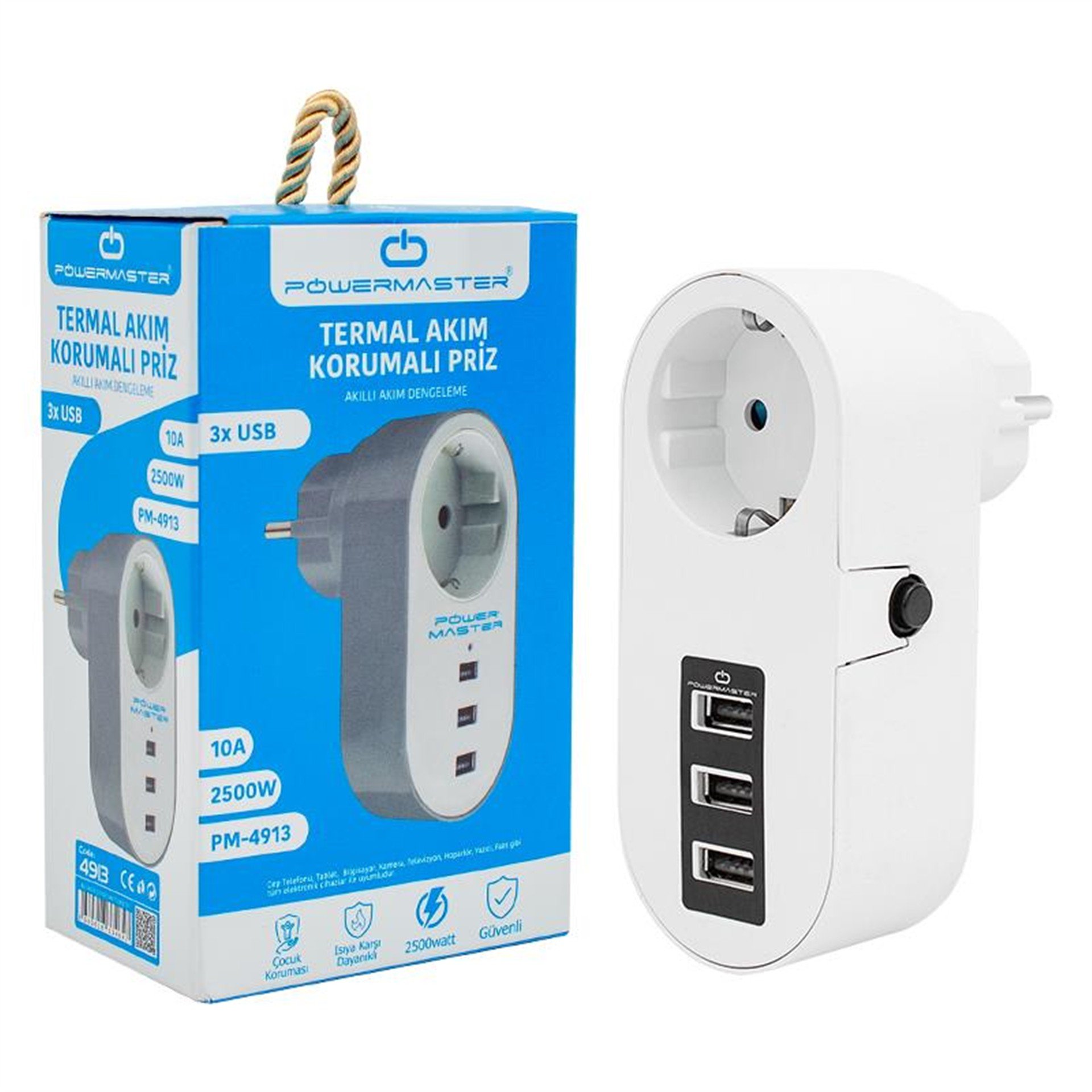 Powermaster Powermaster 3 Usb'li Tekli Termal Akım Korumalı Priz (10A-2500W) PM-4913 - Akım Korumalı Prizler