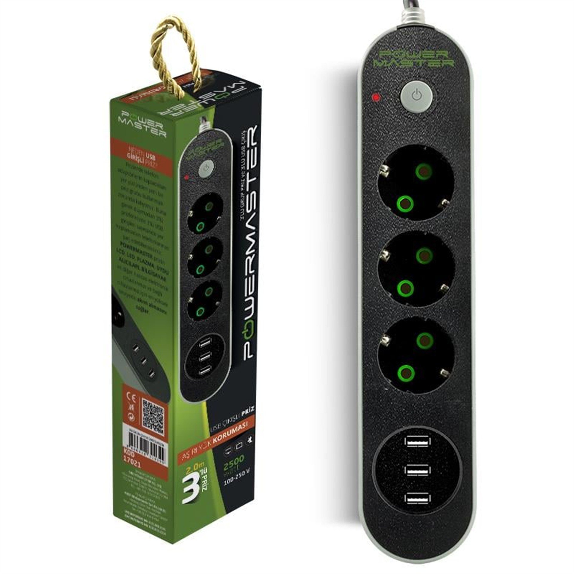 Powermaster Powermaster 3'lü Aşırı Yük Korumalı Priz 3 Usb Çıkış - Akım Korumalı Prizler