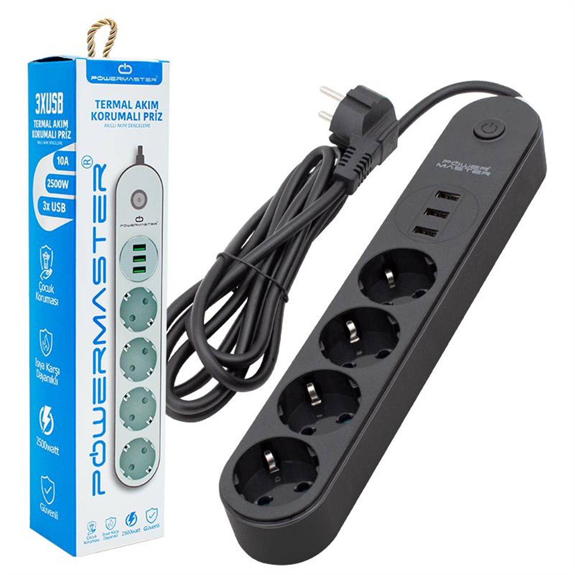 Powermaster Powermaster 4'lü 3 Usb'li 1.5 Metre Oval Kasa Grup Priz PM-7748 - Grup Prizler