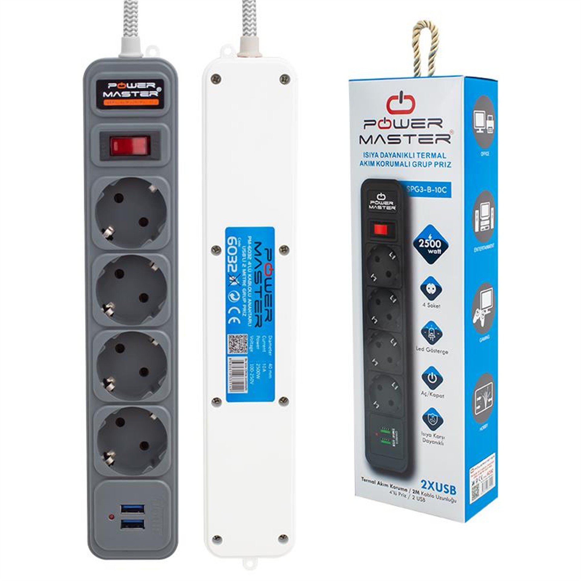 Powermaster Powermaster 4'lü Anahtarlı 2 Usb’li 2 Metre Kablolu Isıya Dayanıklı Termal Grup Priz PM-6032 - Grup Prizler