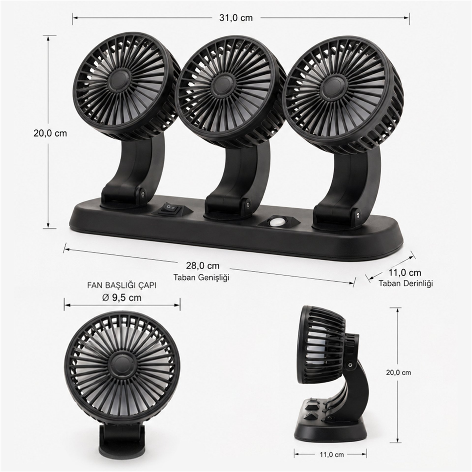 Powermaster Powermaster FAN40 Araç İçi Vantilatör Fanı 12 Volt Çakmaklık Girişli 3 Başlıklı 360 Derece - DC-PC Fan-Vantilatör