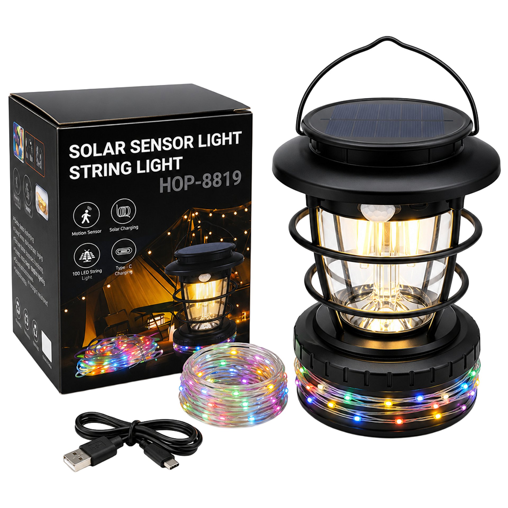 Powermaster Powermaster HOP-8819 Solar Güneş Panelli Sensörlü Kamp Lambası (Filament + SMD + RGB Şerit) - Aydınlatma Diğer