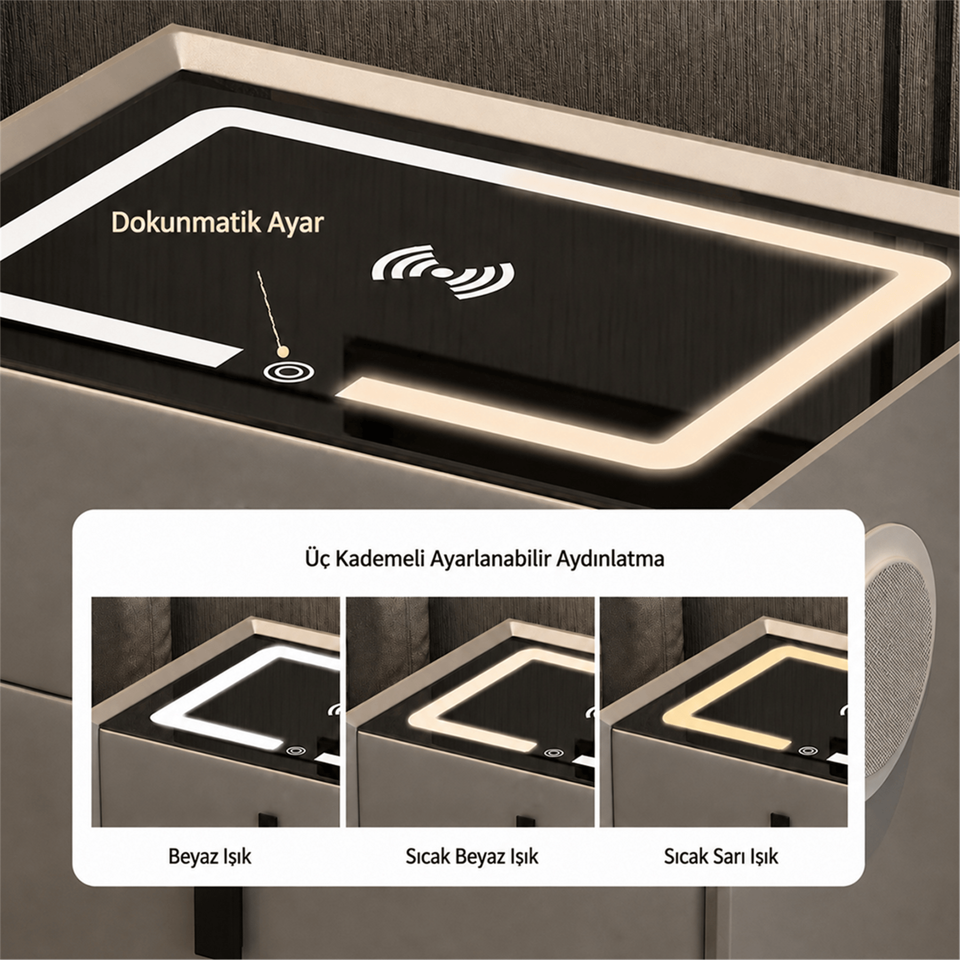 Powermaster PowerMaster KH-BC01 Mobilya Komodin Kablosuz + Kablolu Şarj Ünitesi BT Speaker Dokunmatik LED Aydınlatma - Telefon Ve Aksesuar