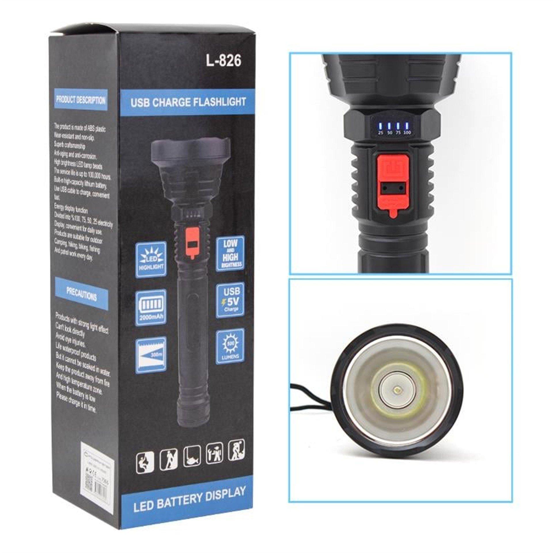 Powermaster Powermaster L-826 USB Şarjlı 3 Kademeli 500 Lümen Led El Feneri - Fener ve Işıldaklar
