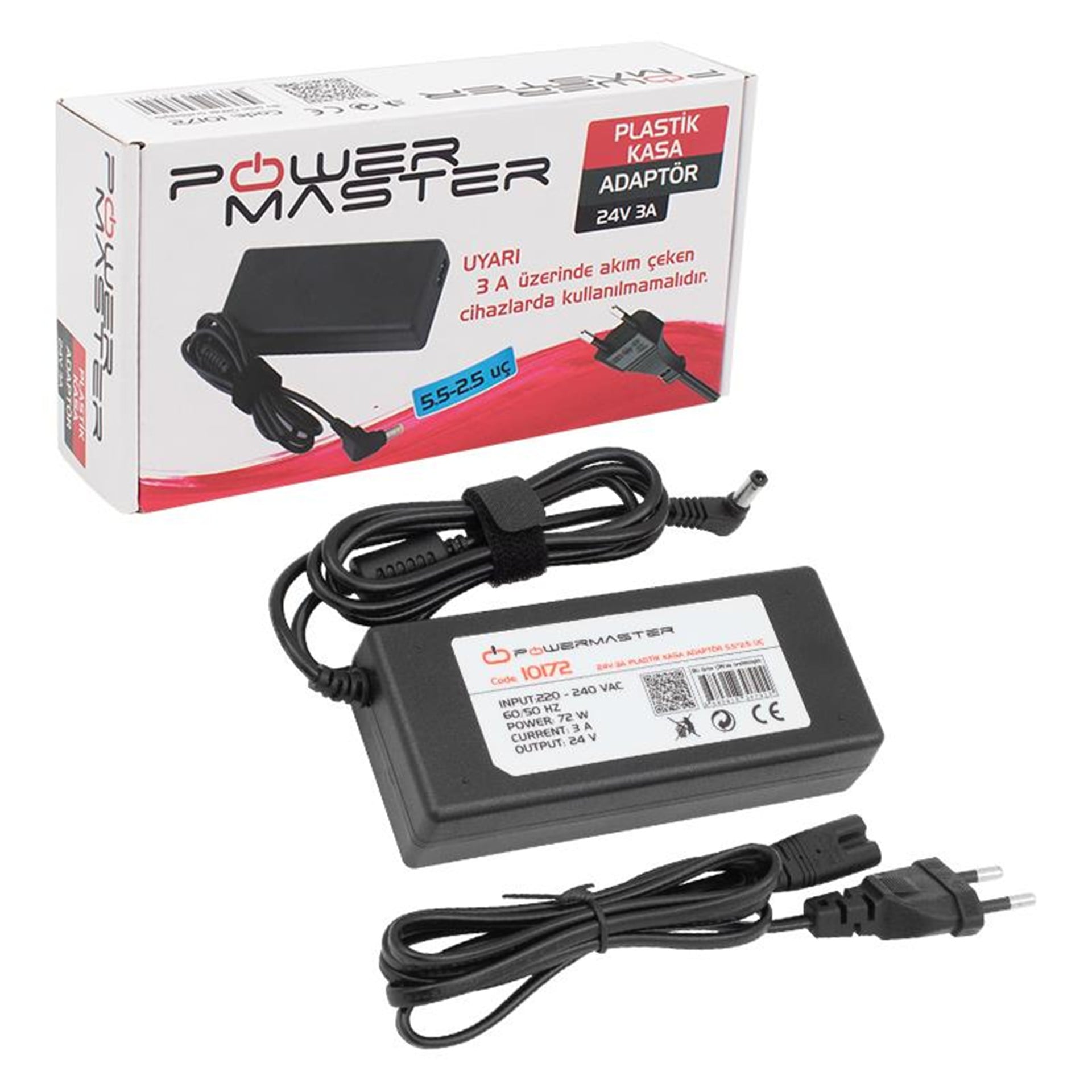 Powermaster Powermaster PM-10172 24 Volt - 3 Amper - 72 Watt 5.5*2.5 Mm L Uçlu Plastik Kasa Masaüstü Adaptör - Adaptörler