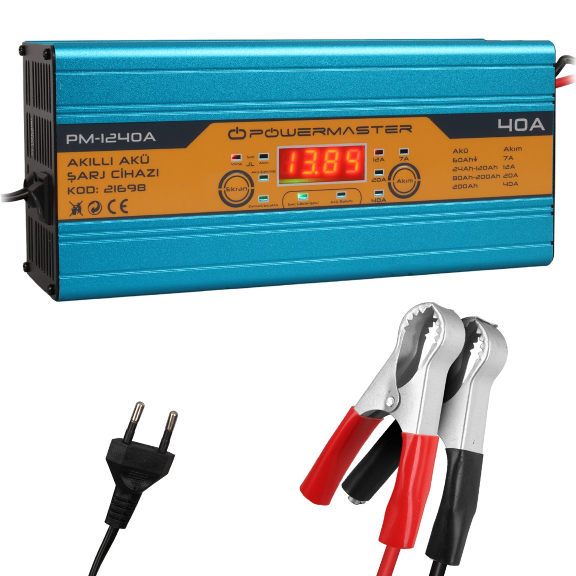 Powermaster Powermaster PM-1240A 12 Volt 40 Amper Dijital Ekranlı Akıllı Akü Şarj Cihazı - Akü Şarj Cihazları