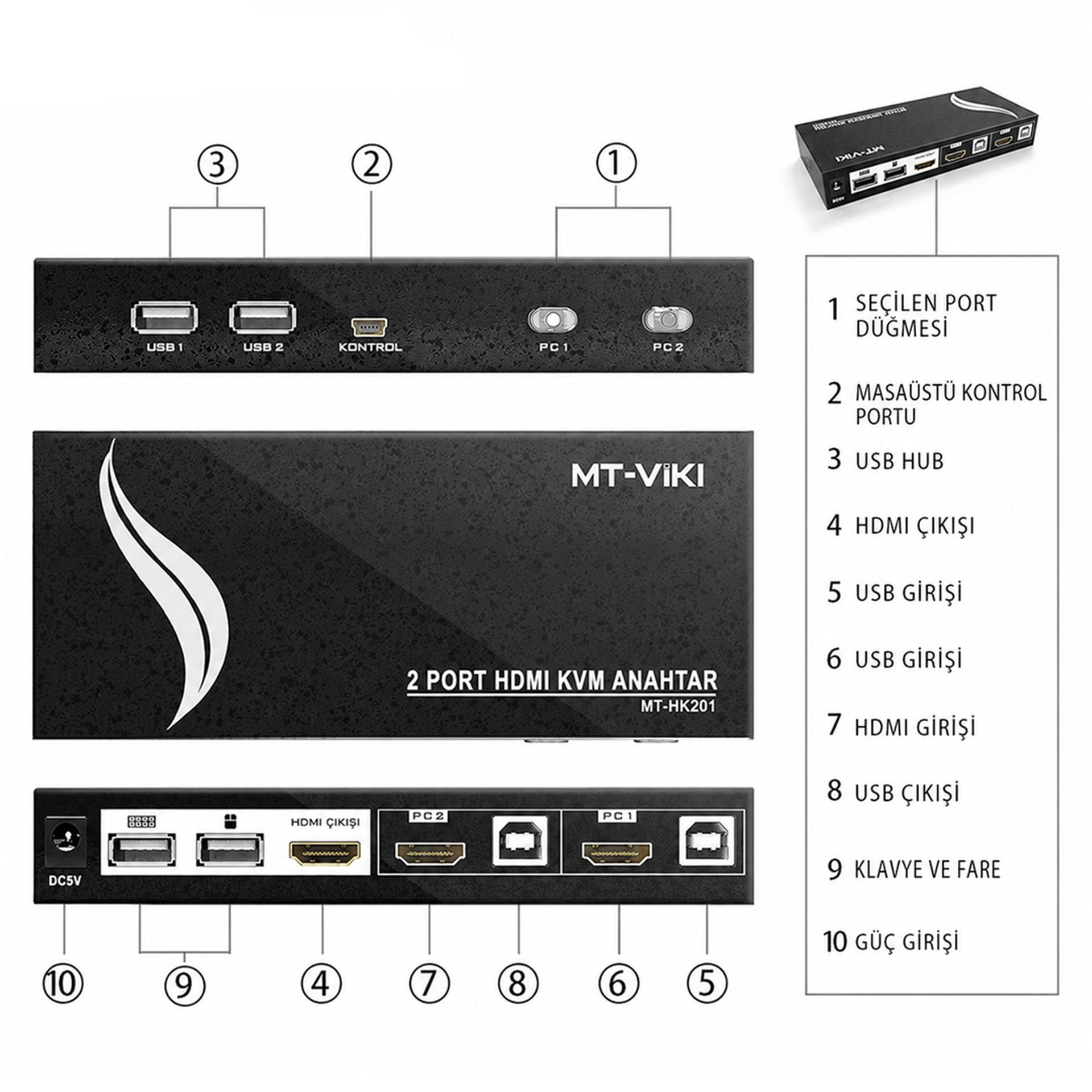 Powermaster Powermaster PM-14742 2 Port HDMI KVM Switch Ultra HD 4K Kasa Çoklu Bilgisayar Kontrol Cihazı - Çevirici Dağıtıcı