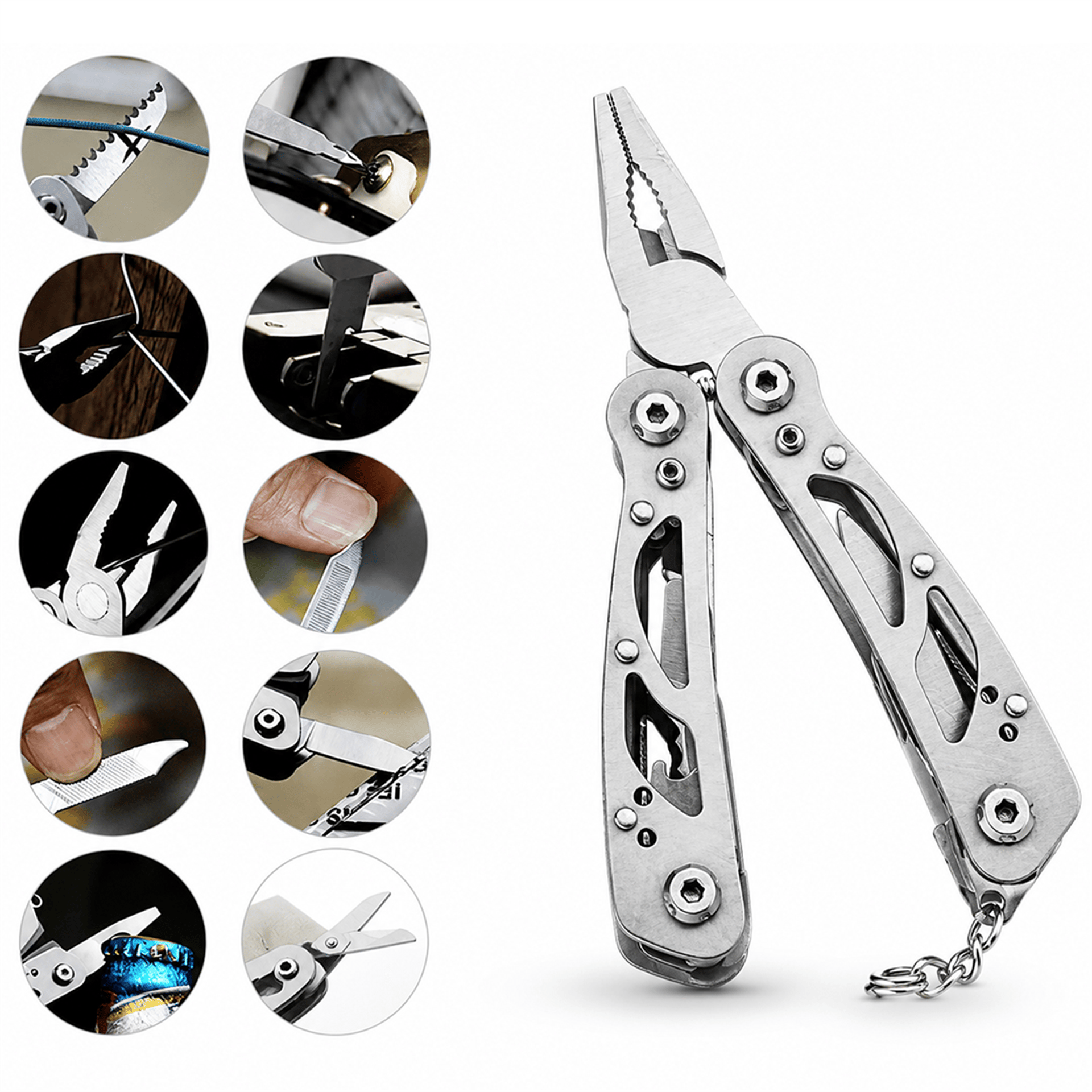 Powermaster Powermaster PM-24603 Paslanmaz Çelik Katlanabilir Çok Fonksiyonlu Pense Multitool Çakı Anahtarlık - Pense