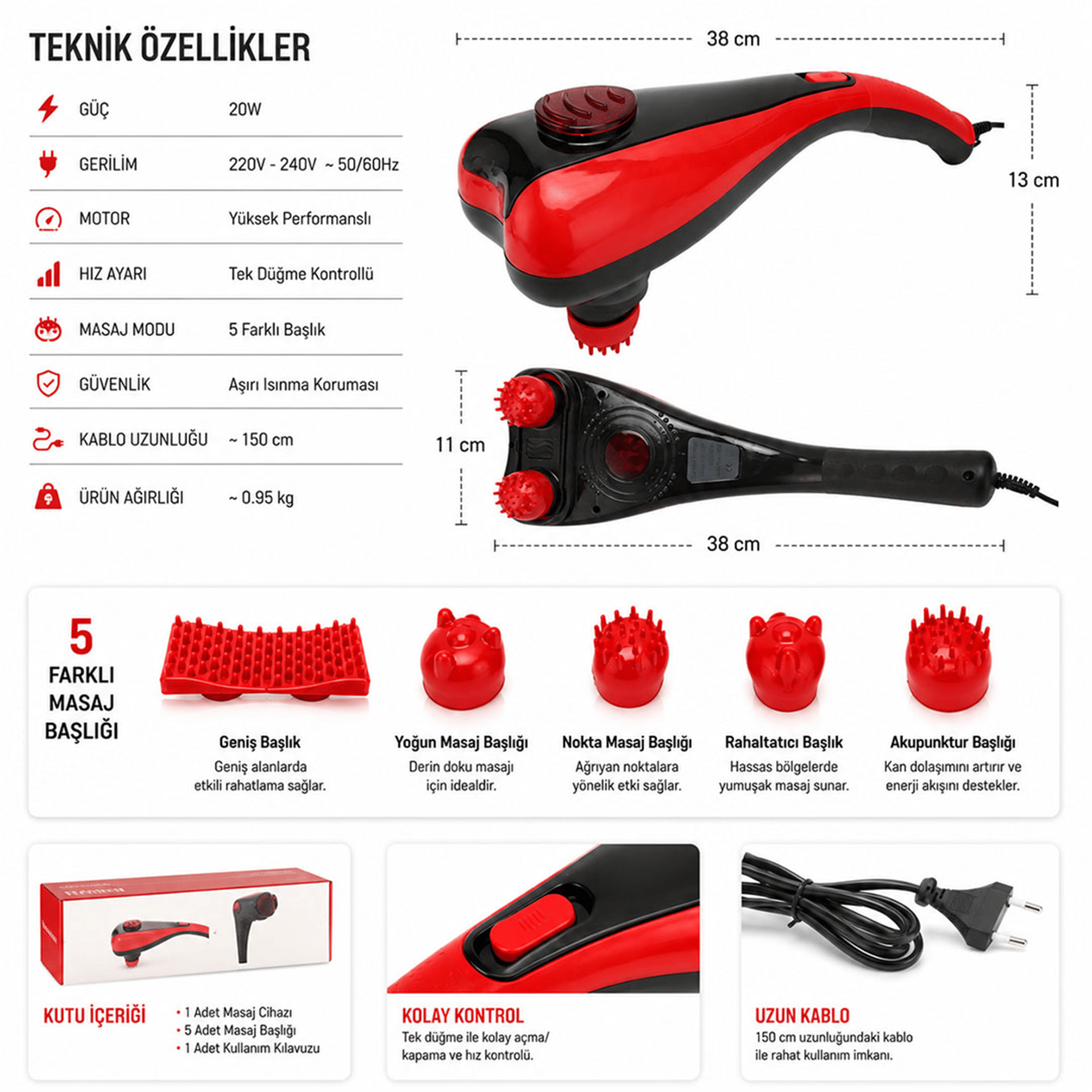 Reyonex POWERMASTER PM-24616 İKİ KADEMELİ ÇİFT BAŞLIKLI EL TİPİ MASAJ ALETİ - Küçük Ev Aletleri