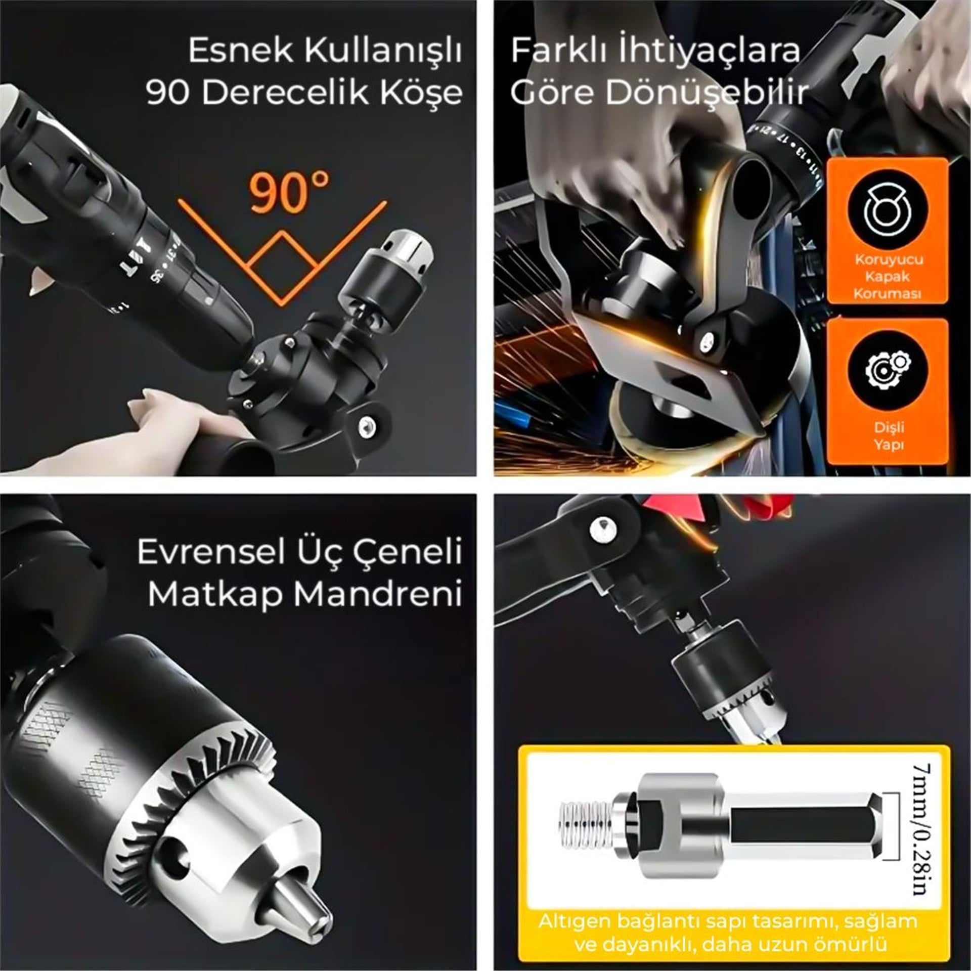 Powermaster PowerMaster PM-26256 Mandrenli 90 Derece Açılı Universal Matkap Başlık Seti Adaptörü - Matkap ve Matkap Uçları