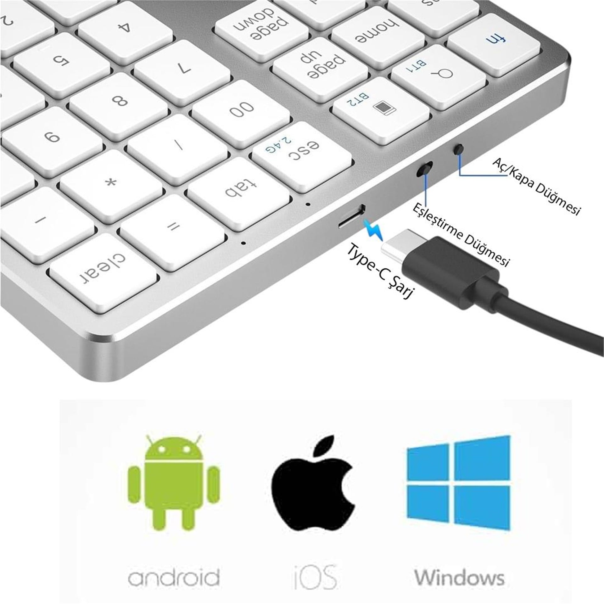Powermaster Powermaster PM-26596 Mini Gümüş Bluetooth 5.2 Kablosuz 35 Tuş Klavye Genişletme Sayı Bloğu - Klavye