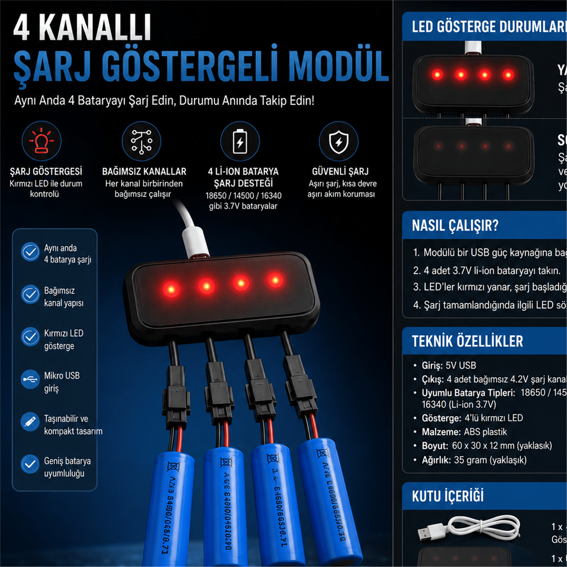 Reyonex Powermaster Pm-29140 4İn1 Sm-2P Soket 3.7V Lityum Pil Usb Splitter Şarj Aleti - Pil Şarj Cihazları
