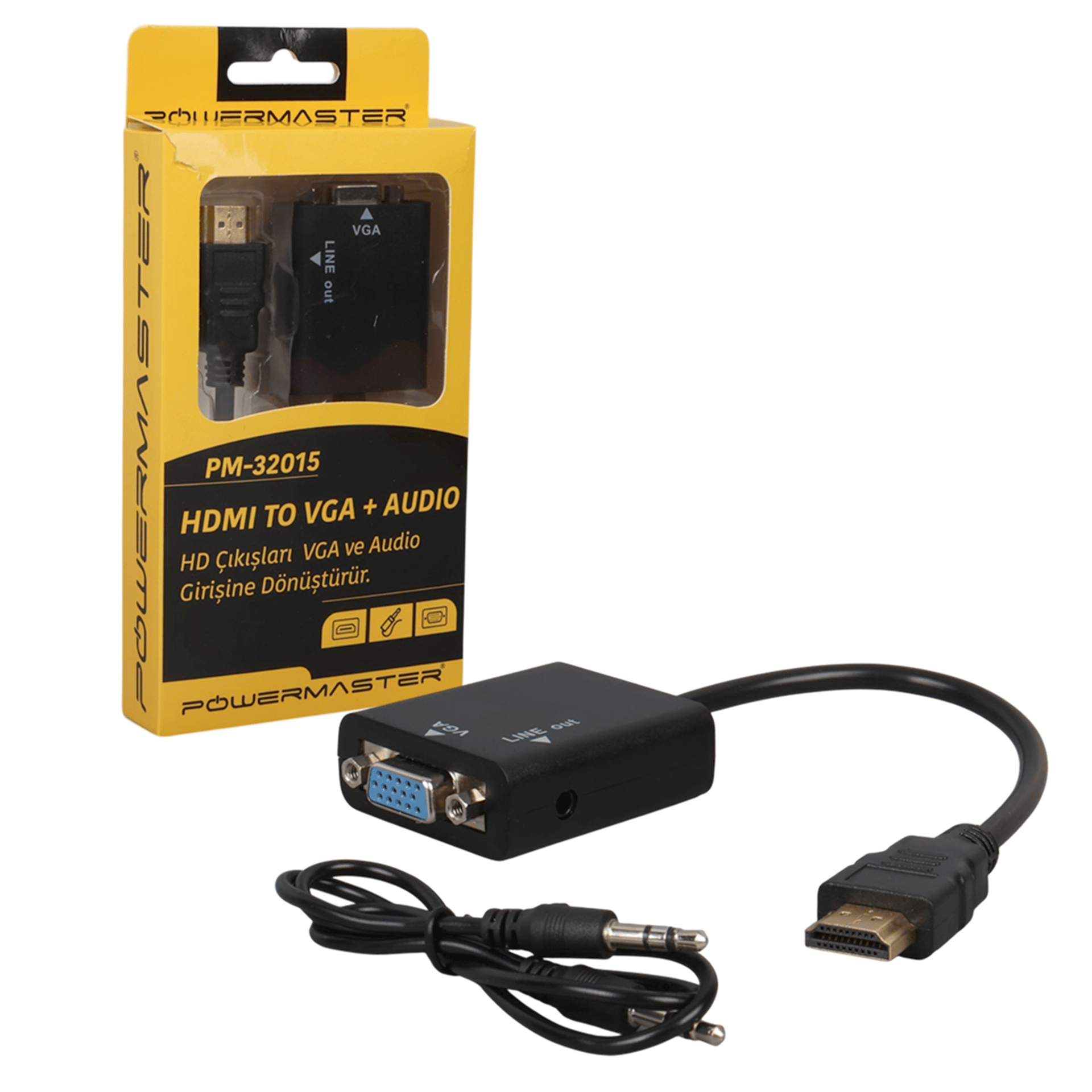 Powermaster Powermaster PM-32015 Siyah 3.5Mm Ses Destekli HDMI To VGA+Audio Dönüştürücü Adaptör - Çevirici Dağıtıcı