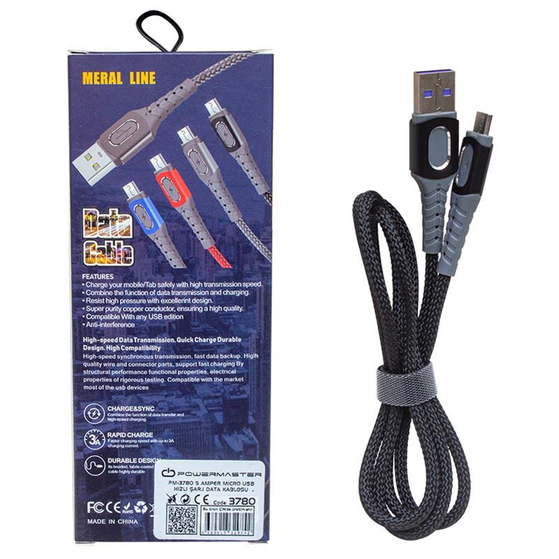 Powermaster Powermaster PM-3780 Örgülü 5 Amper Micro Usb Hızlı Şarj Data Kablosu - Data-Şarj Kabloları