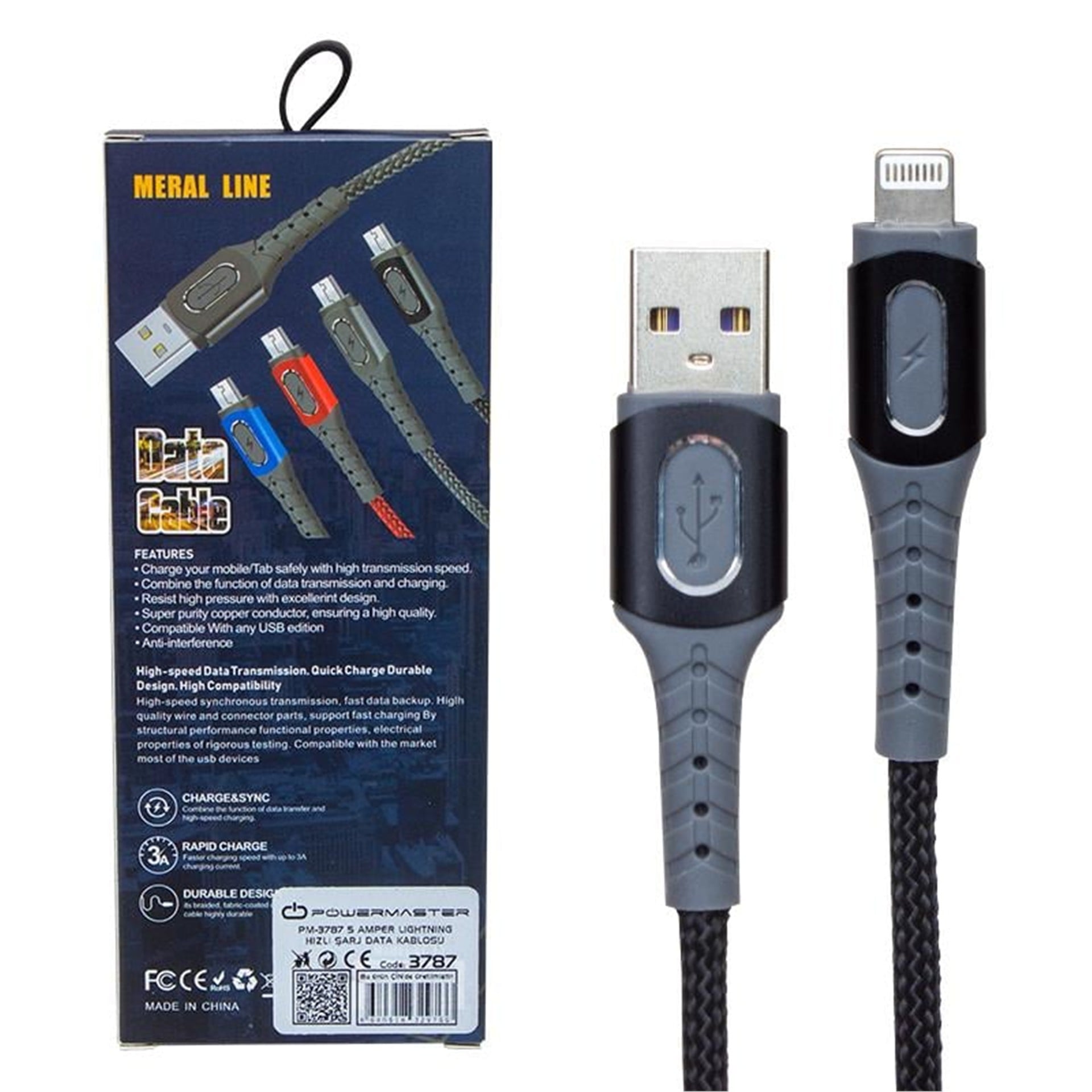Powermaster Powermaster PM-3787 5 Amper Lightning Hızlı Şarj Data Kablosu - Data-Şarj Kabloları