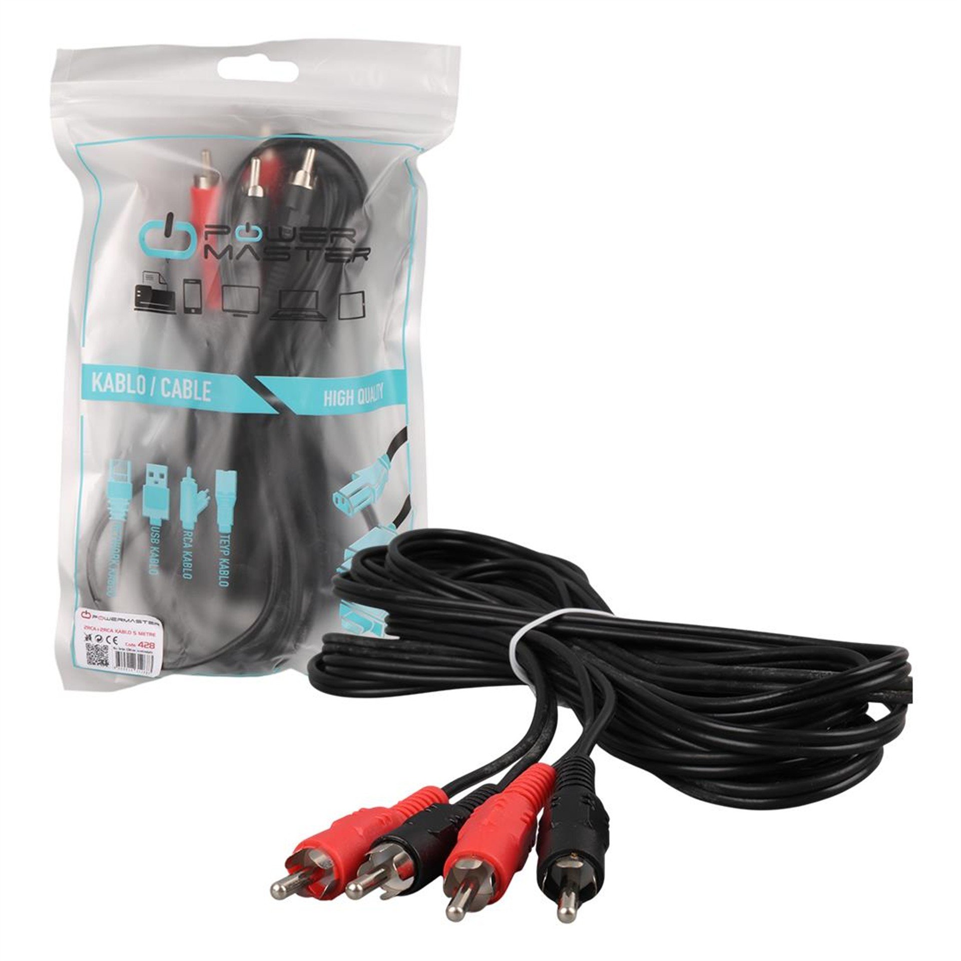 Powermaster Powermaster PM-428 Siyah 5 Metre 2 Rca + 2 Rca Kablo - RCA-Ses Kabloları
