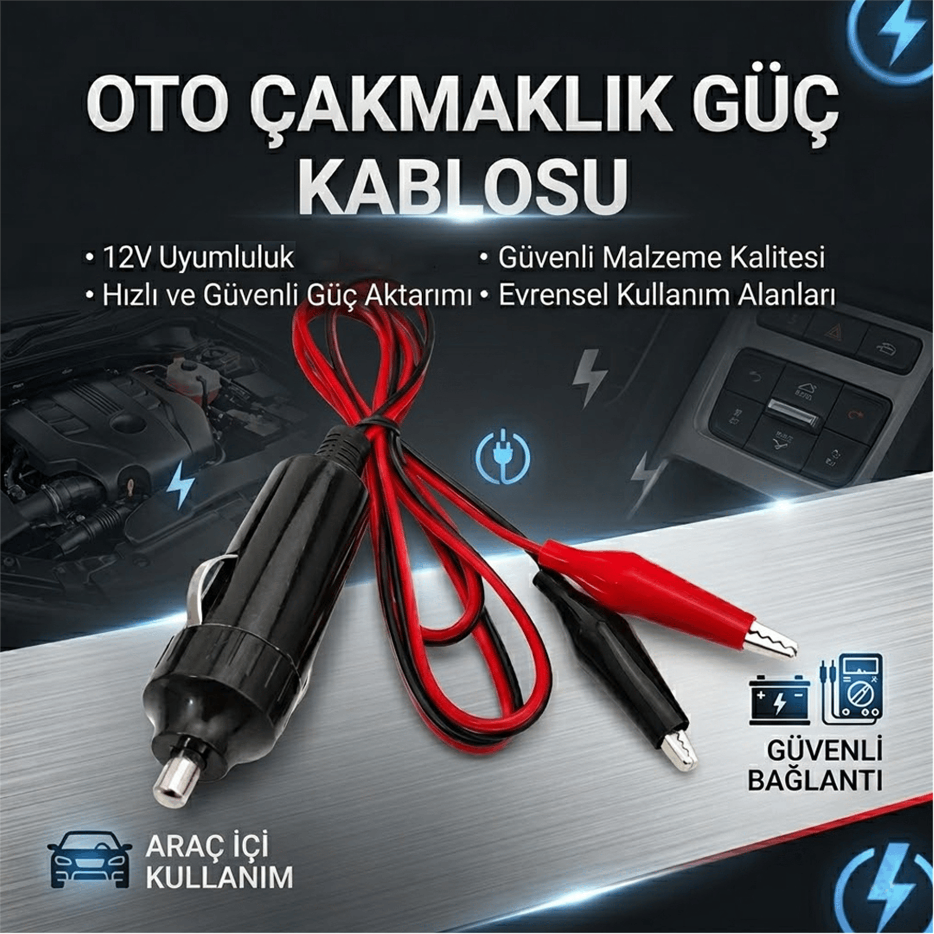 Powermaster Powermaster PM-7799 Krokodil Uçlu Araç Çakmak Fişi 1 Metre Kablolu - Oto Aksesuarları