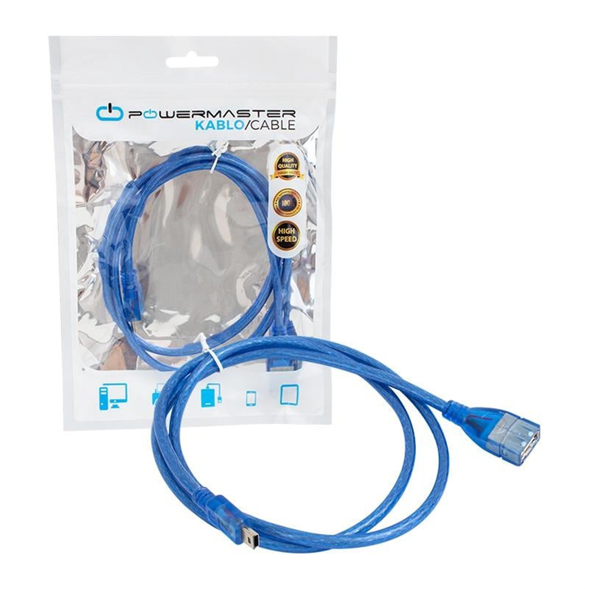 Powermaster Powermaster USB 5 Pin Erkek-USB Dişi 1 Metre Kablo Mavi - USB Uzatma Kablosu