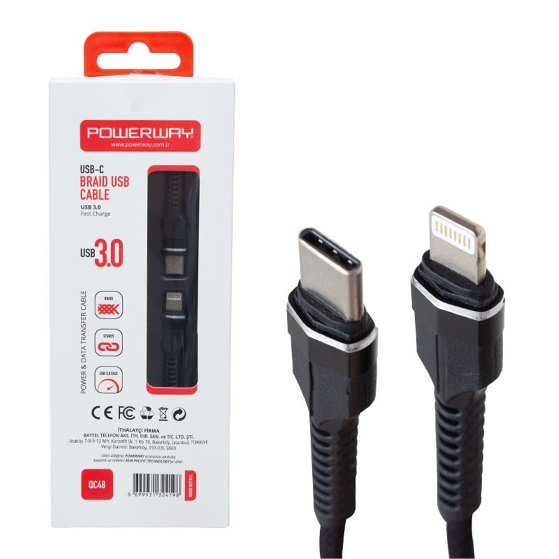 Powerway Powerway QC-48 USB 3.0 Type C Örgülü Data Ve Şarj Kablosu - Data-Şarj Kabloları