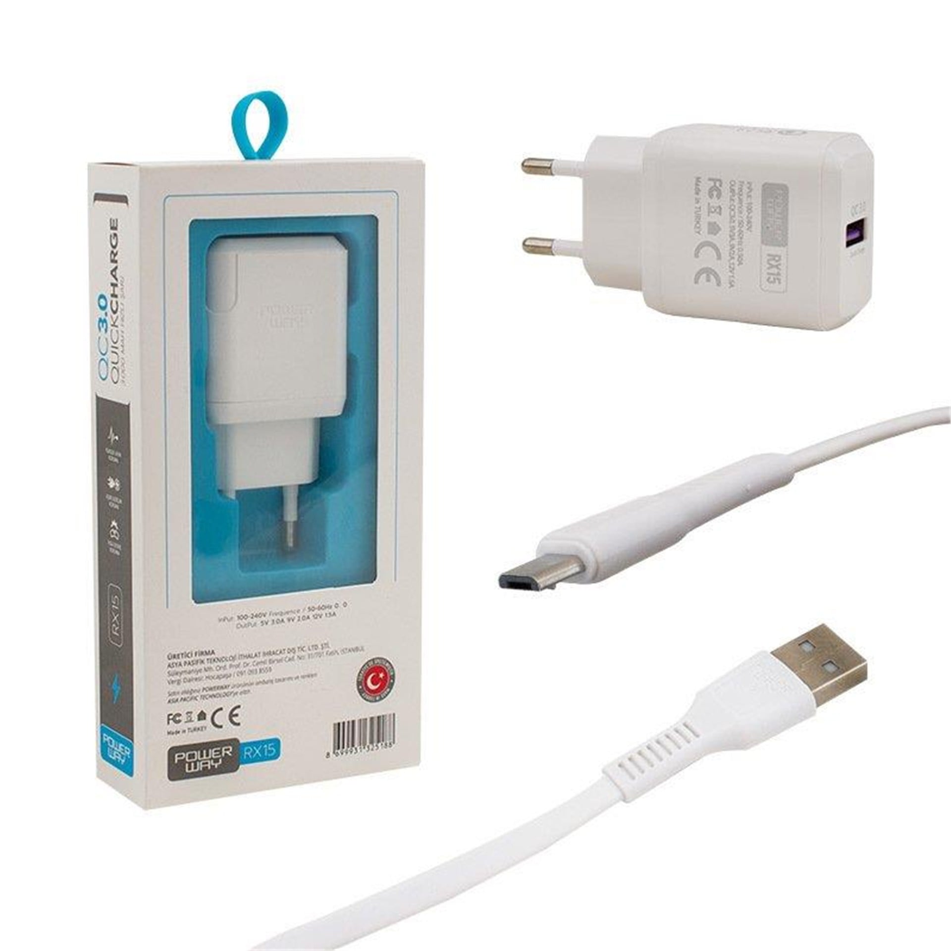 Powerway Powerway RX-15 5 Volt 3000 mA QC 3.0 Samsung Micro USB Hızlı Şarj Aleti + Kablo - Şarj Cihazları
