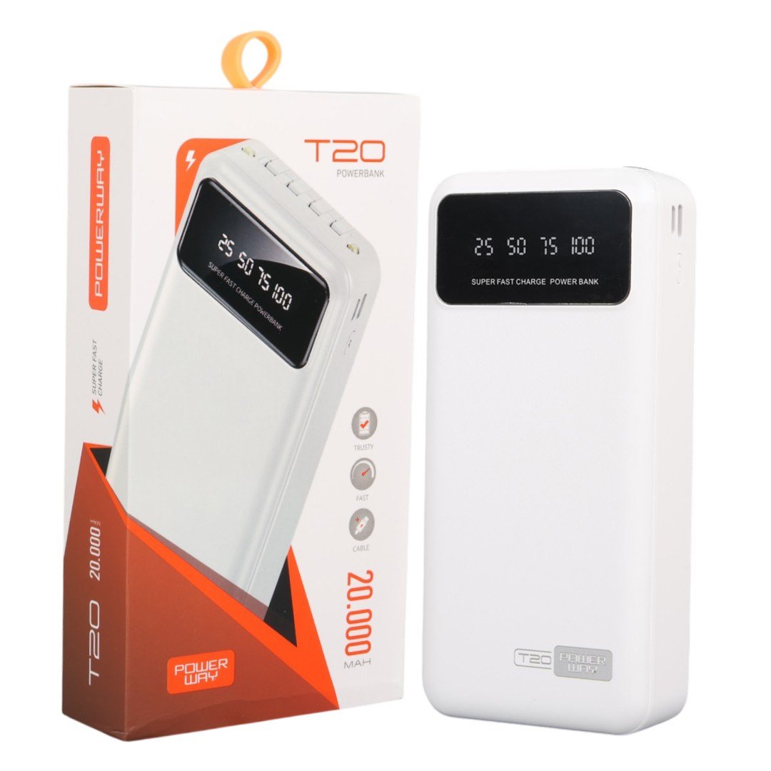POWERWAY T20 KENDİNDEN KABLOLU DİJİTAL EKRAN 20.000 MAH BEYAZ POWERBANK