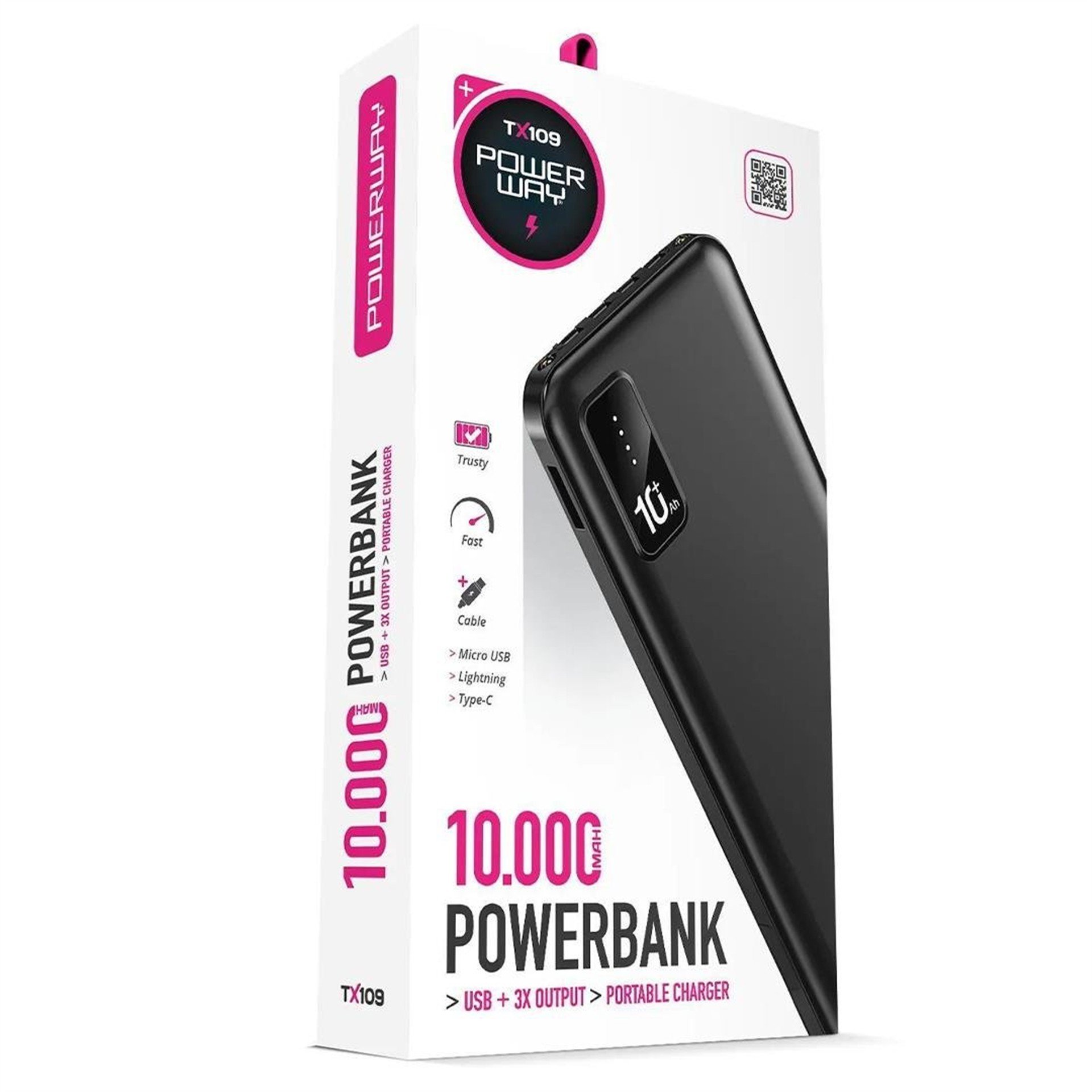 Powerway Powerway TX109 10.000mAh Kablolu Dijital Göstergeli Fenerli Powerbank Dahili Telefon Stand (MİCRO - TYPE C - LİGHTNİNG) - Powerbank