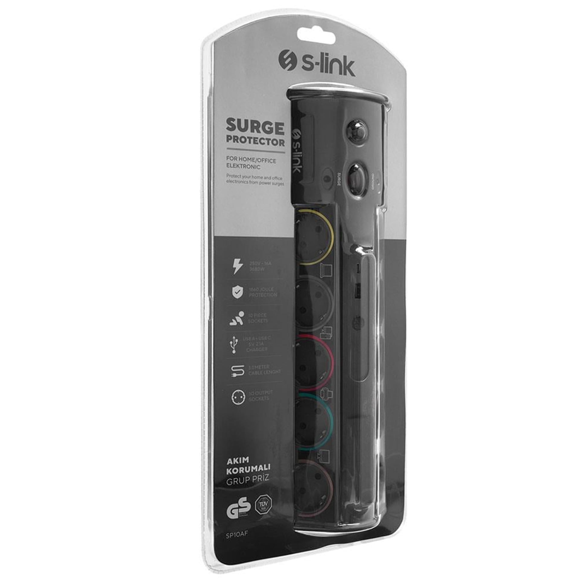 Ucomen S-Link SP10AF 1860 Joule Anahtarlı Usb + Type-C Girişli 10'lu 1.8 Metre Kablolu Akım Korumalı Priz - Akım Korumalı Prizler