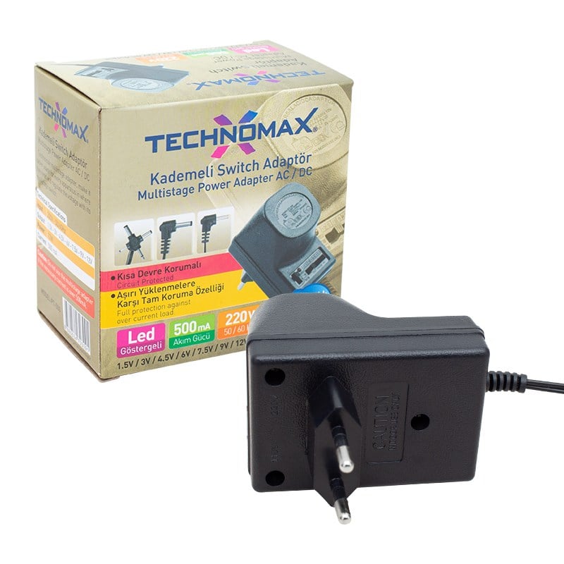TECHNOMAX TM-2108 1.5 VOLT - 12 VOLT - 0.5 AMPER KADEMELİ ADAPTÖR