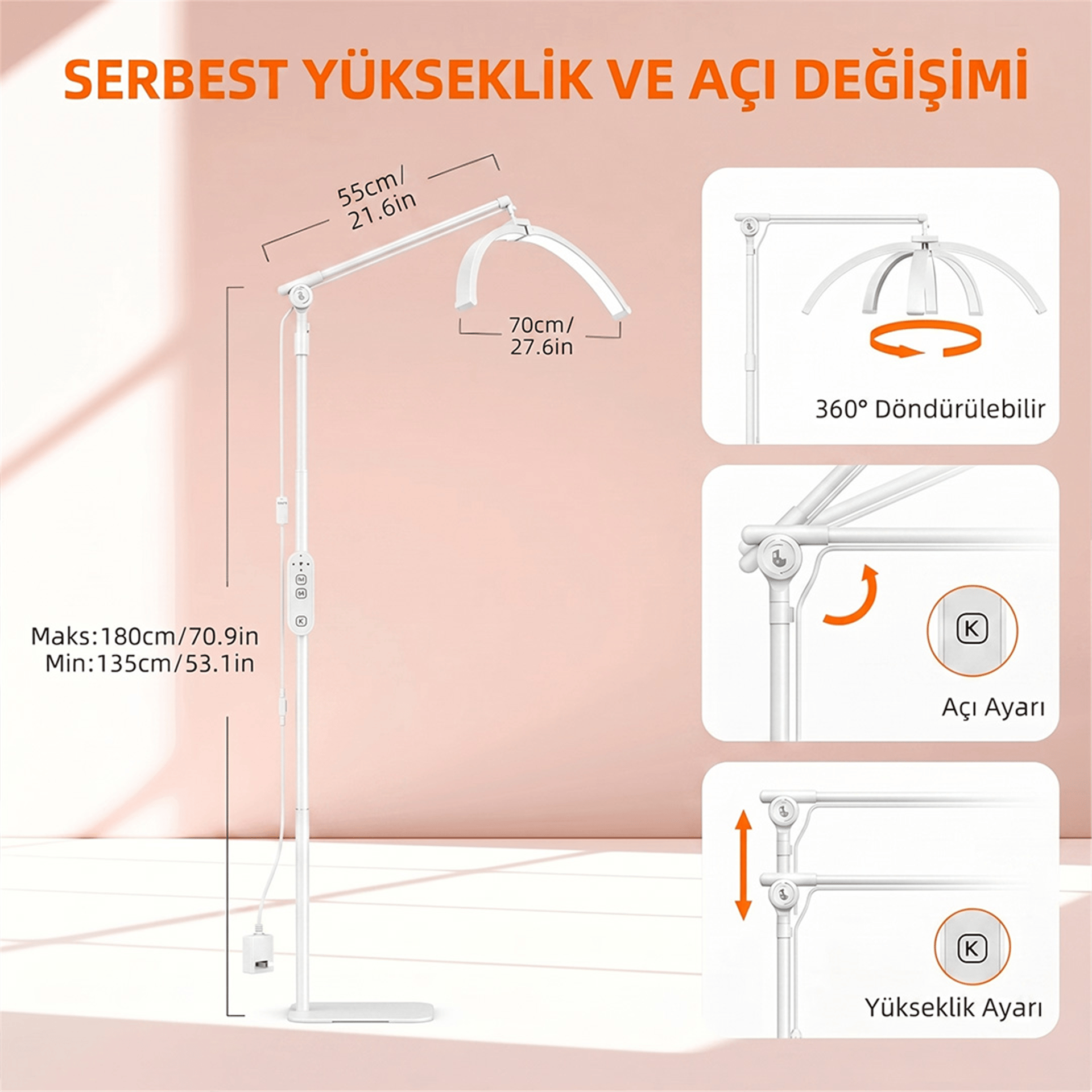 trled TrLed 70CM Beyaz ve Işıltılı Pembe Elmas Desenli Ayaklı Profesyonel Güzellik Lambası - Led Projektör