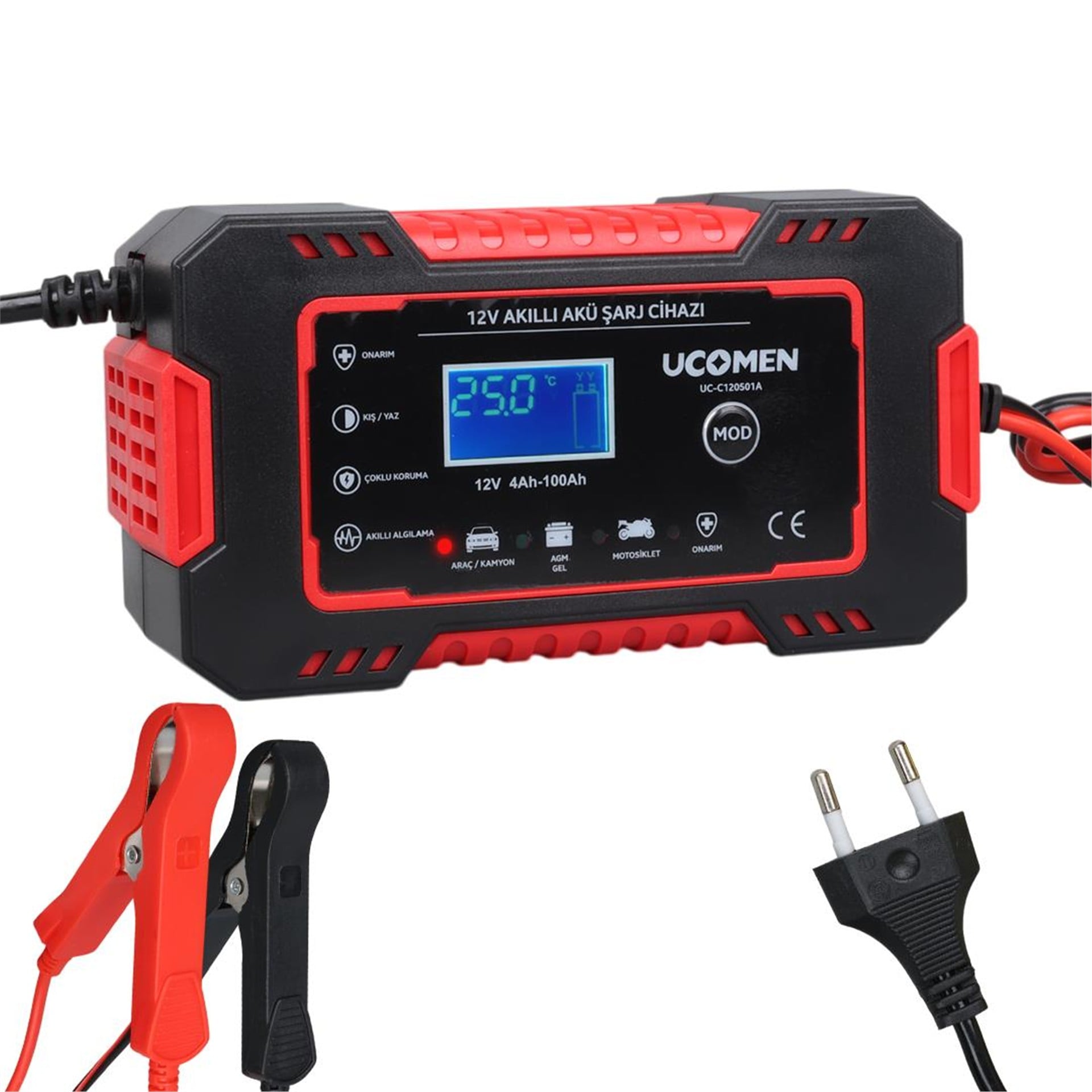 Ucomen Ucomen UC-C120501A Kırmızı 12 Volt 6 Amper Led Göstergeli Akü Şarj Cihazı - Akü Şarj Cihazları