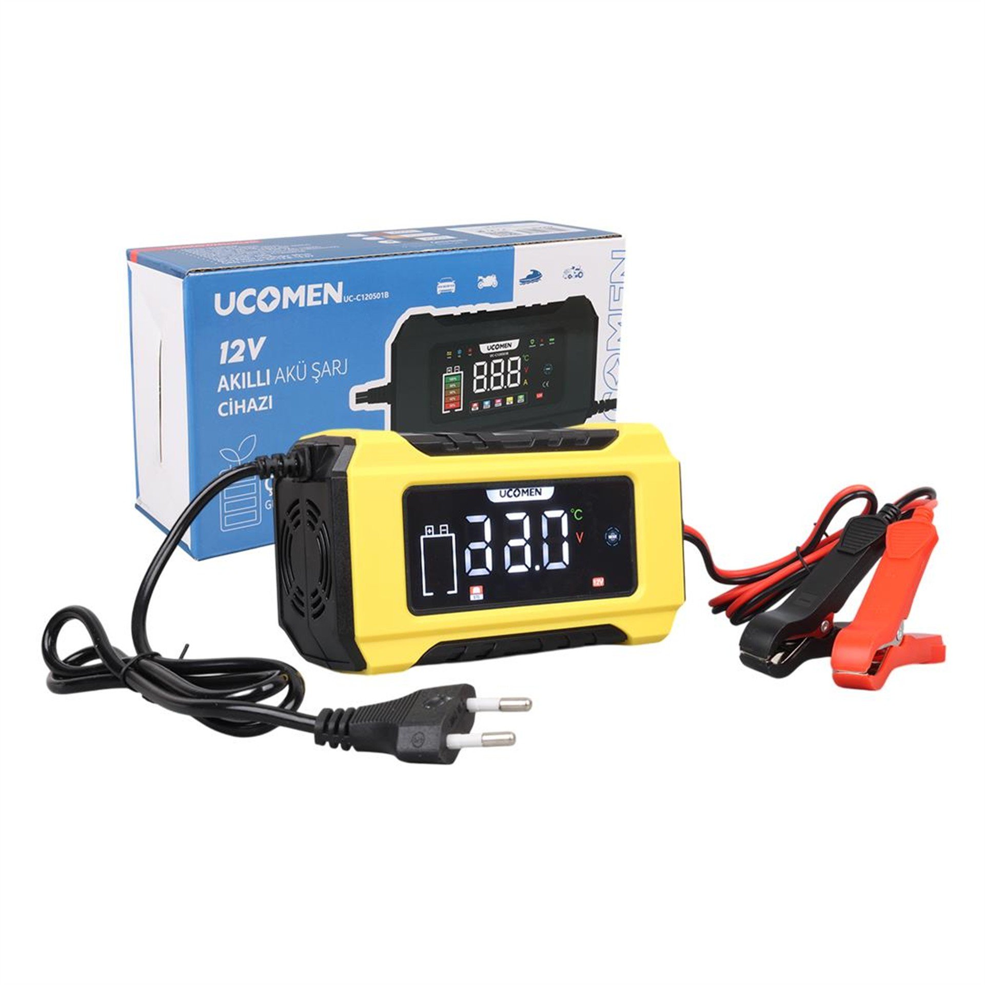 Ucomen Ucomen UC-C120501B Sarı 12 Volt 6 Amper Lcd Göstergeli Akıllı Akü Şarj Cihazı - Akü Şarj Cihazları