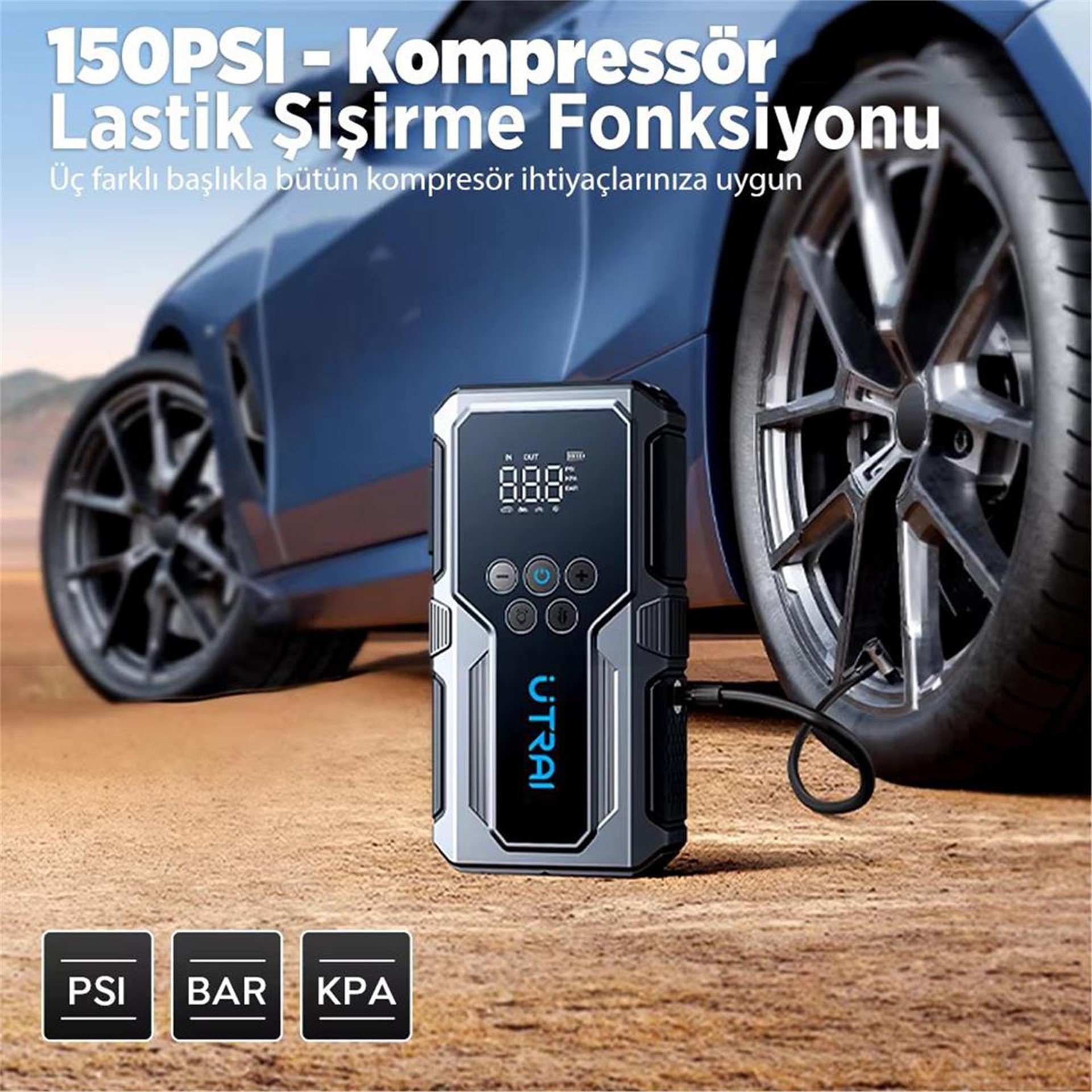 UTRAI Utrai JS-9 12-24V Akü Şarj Powerbank Lastik Hava Kompresörü Şişirici Taşınabilir Dijital Kablosuz EL Feneri - Akü Şarj Cihazları