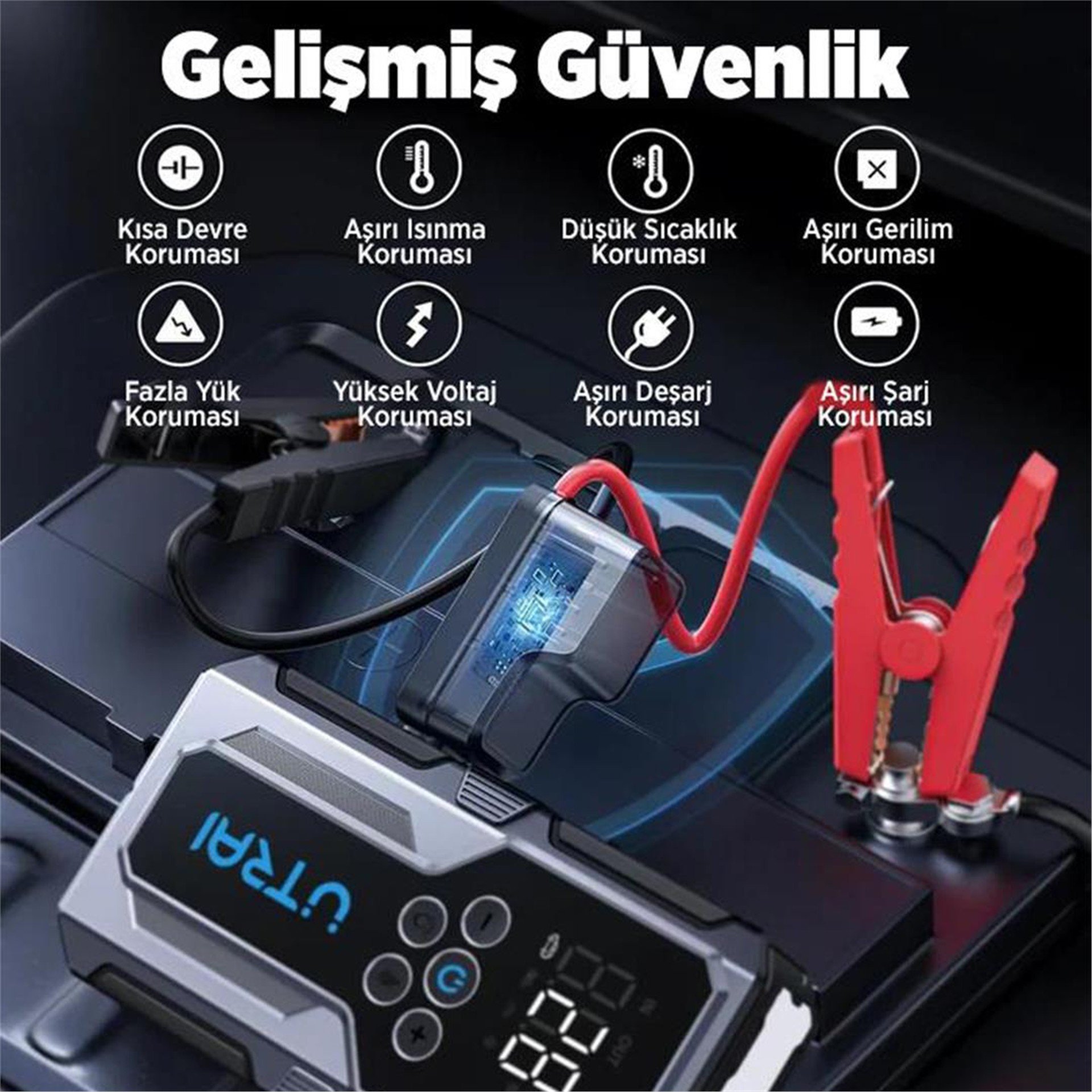 UTRAI Utrai JS-9 12-24V Akü Şarj Powerbank Lastik Hava Kompresörü Şişirici Taşınabilir Dijital Kablosuz EL Feneri - Akü Şarj Cihazları