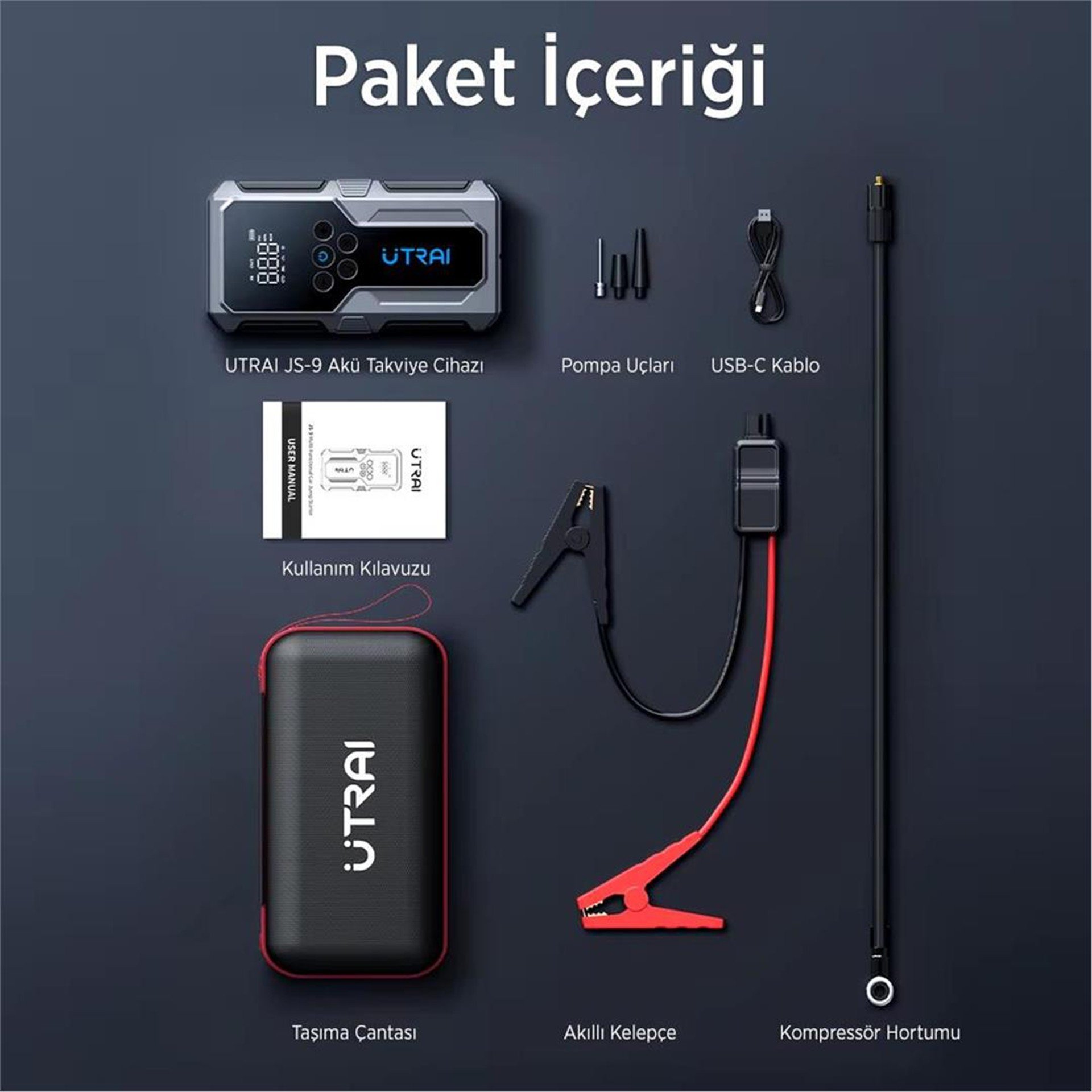 UTRAI Utrai JS-9 12-24V Akü Şarj Powerbank Lastik Hava Kompresörü Şişirici Taşınabilir Dijital Kablosuz EL Feneri - Akü Şarj Cihazları