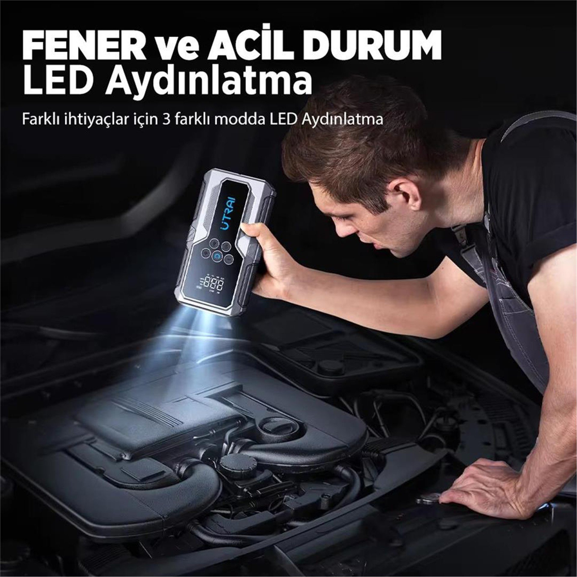 UTRAI Utrai JS-9 12-24V Akü Şarj Powerbank Lastik Hava Kompresörü Şişirici Taşınabilir Dijital Kablosuz EL Feneri - Akü Şarj Cihazları