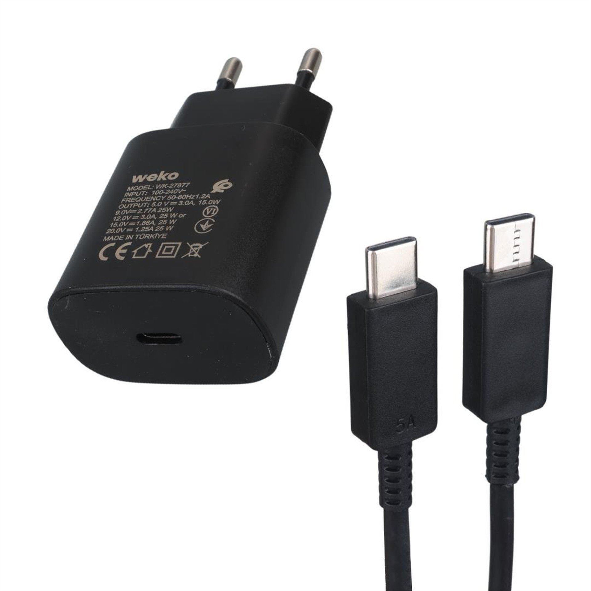 Weko Weko WK-27877 Note10 Siyah 25 Watt Şarj Başlık Adaptörü + Type-C To Type-C Kablo - Şarj Cihazları